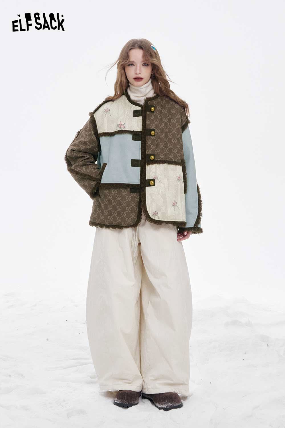 ELFSACK patchwork plush trim coat featuring a unique design with buttons and contrasting colors