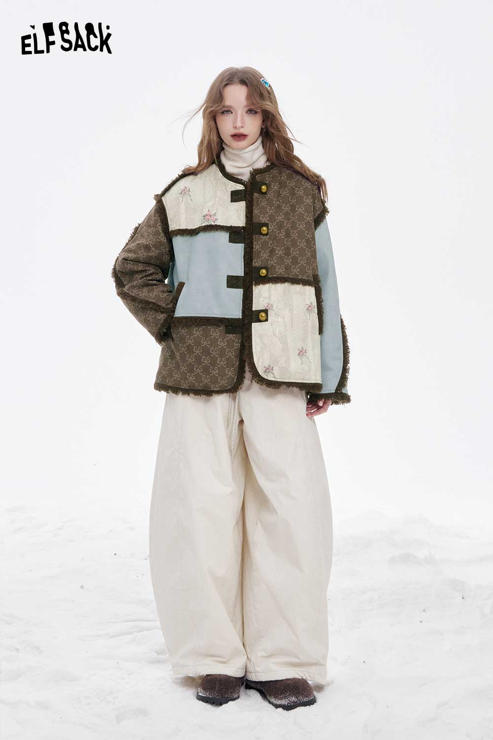 ELFSACK patchwork plush trim coat featuring a unique design with buttons and contrasting colors