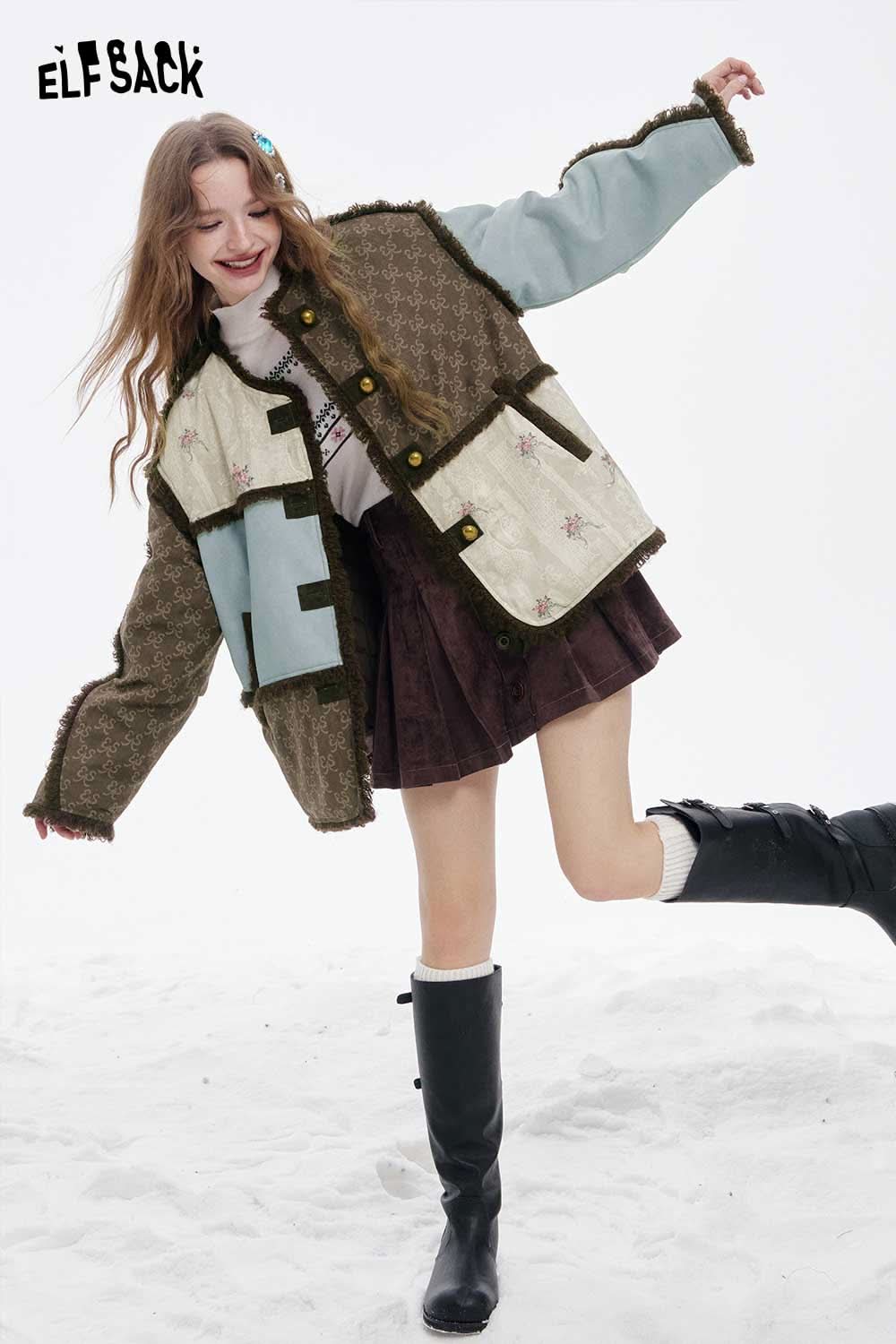 ELFSACK patchwork plush trim coat featuring a mix of textures and colors for trendy winter fashion.