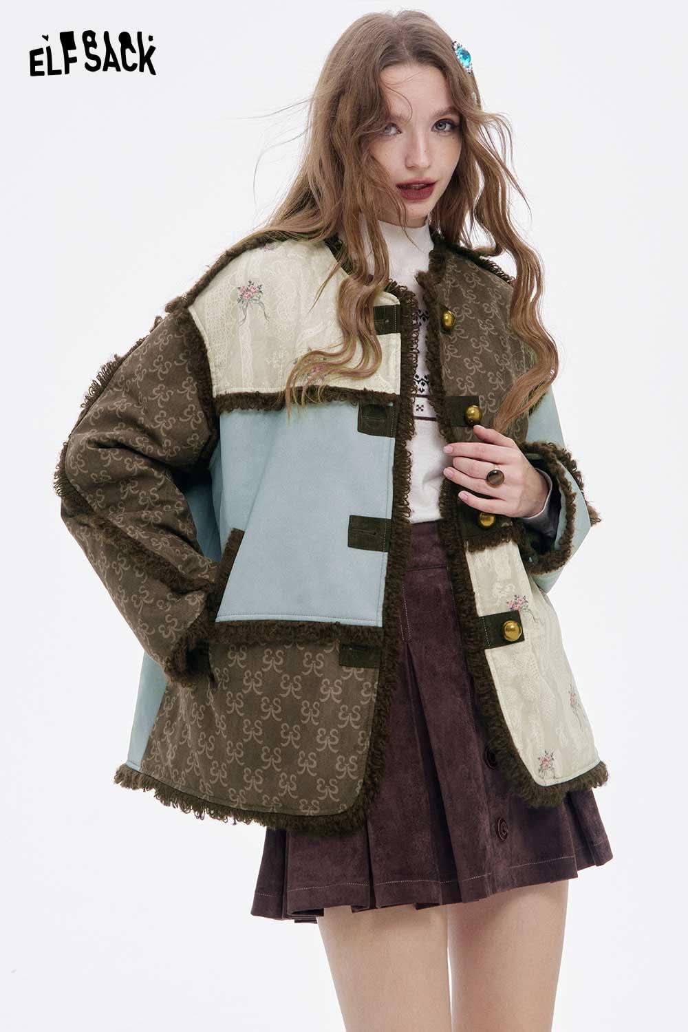 ELFSACK patchwork plush trim coat with unique fabric designs and button details for a stylish winter look