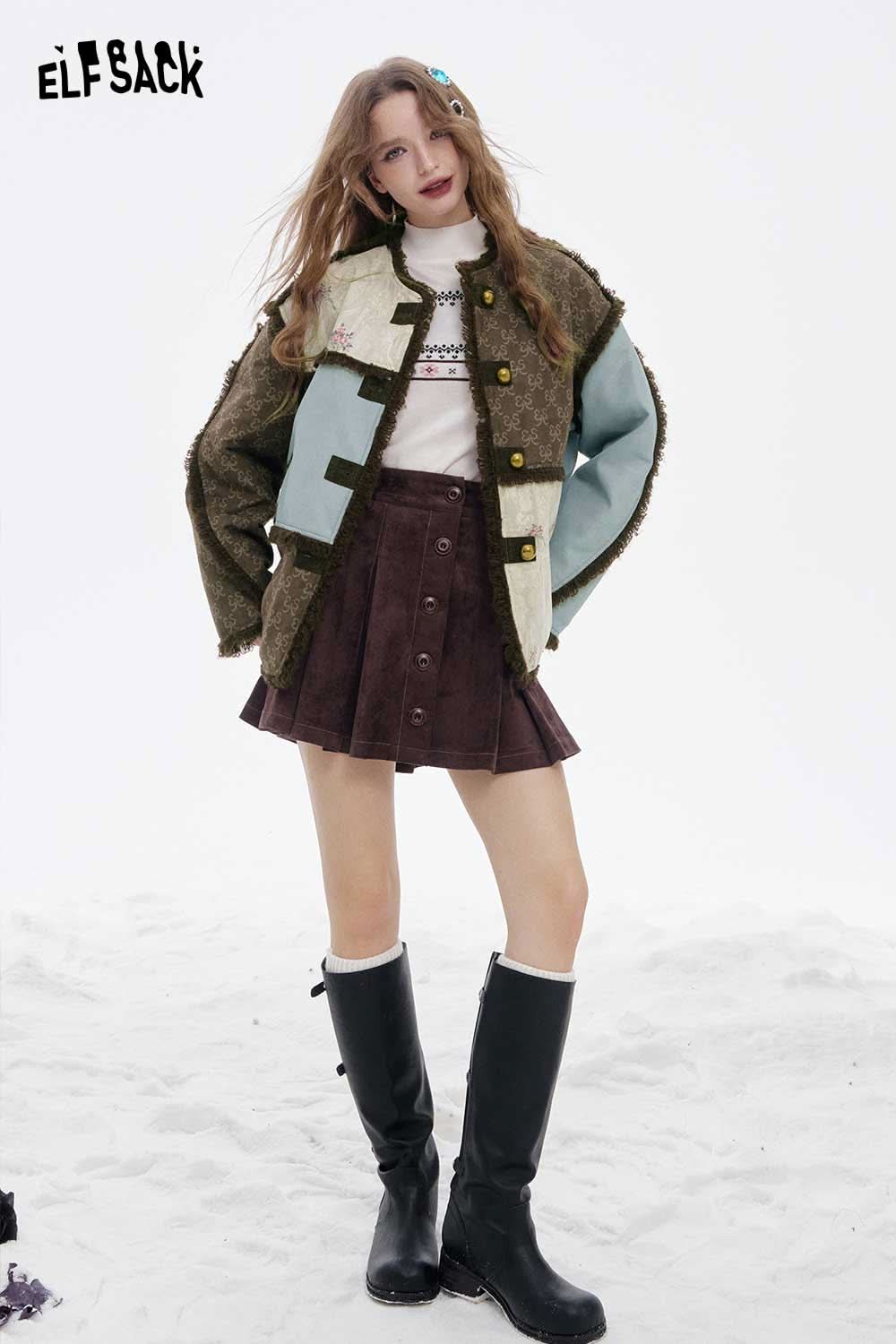 ELFSACK patchwork plush trim coat in unique colors, paired with a stylish skirt and knee-high boots