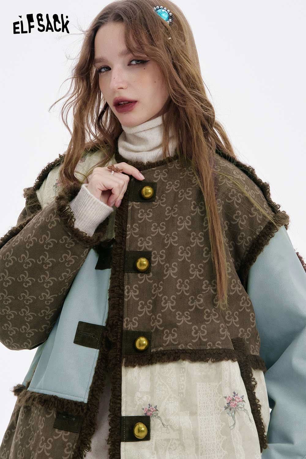 ELFSACK patchwork plush trim coat featuring stylish fabric mix and oversized fit for a unique look