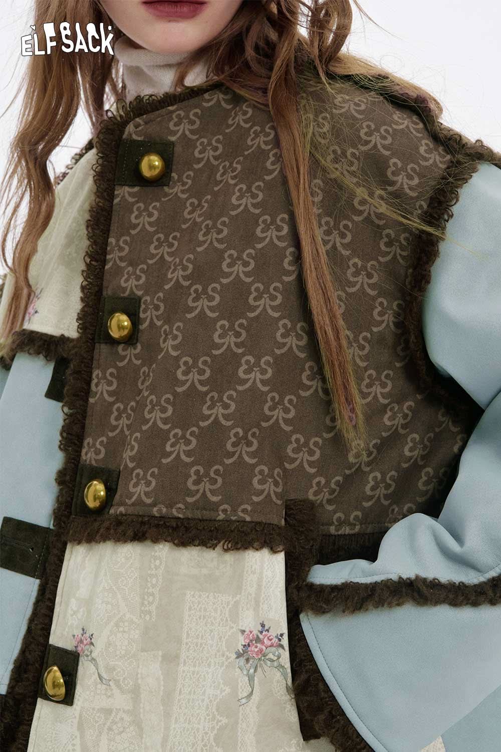 ELFSACK patchwork plush trim coat featuring unique patterns and stylish buttons for a cozy look
