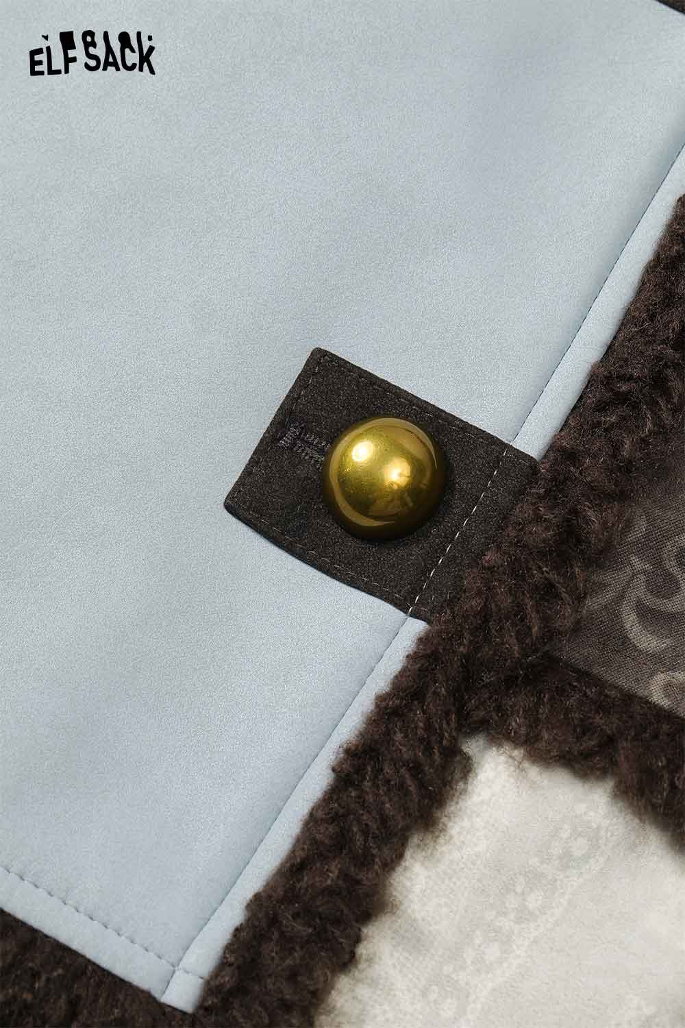 Close-up of ELFSACK patchwork plush trim coat showcasing button detail and fabric texture