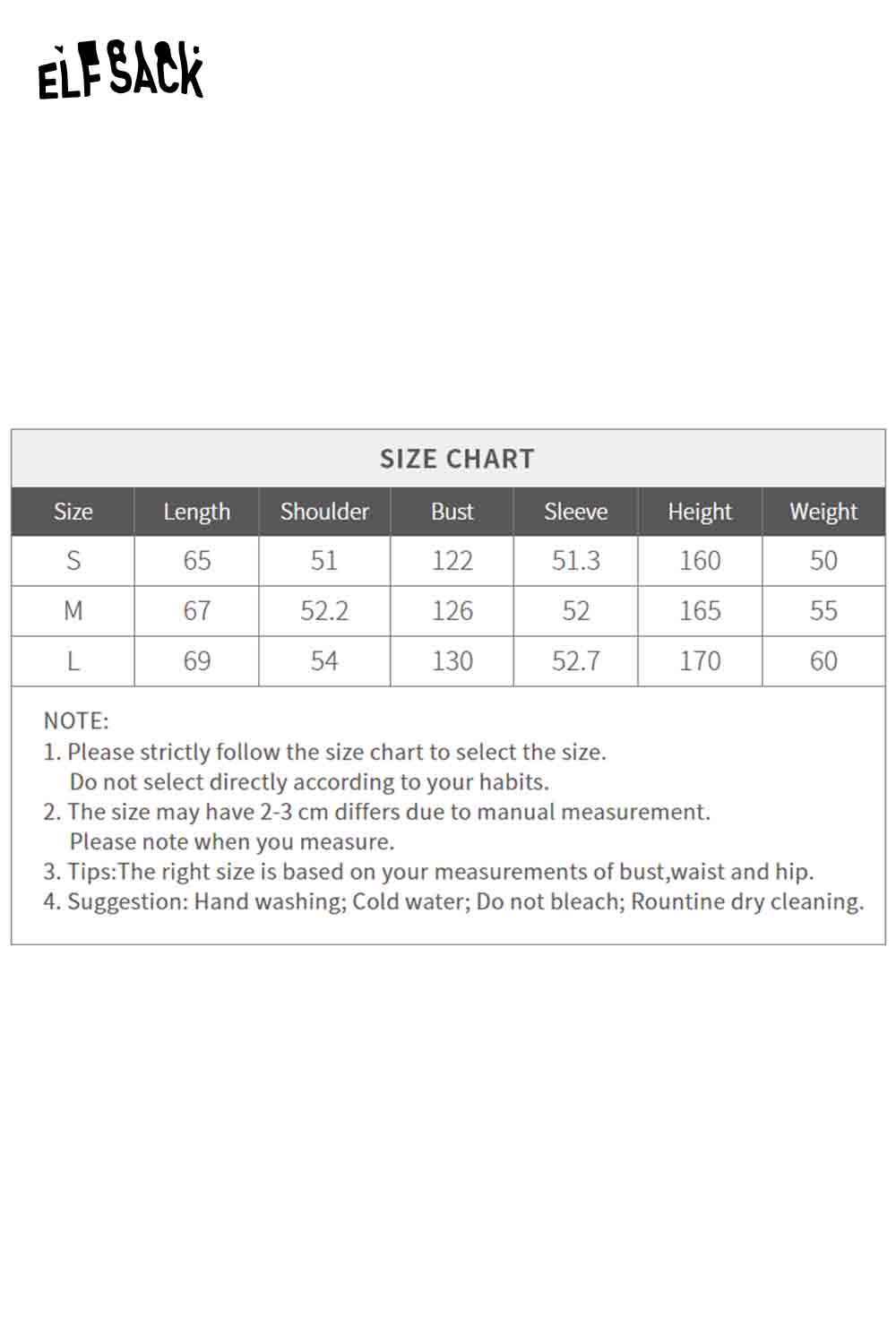 ELFSACK patchwork plush trim coat in stylish design with detailed size chart for perfect fit