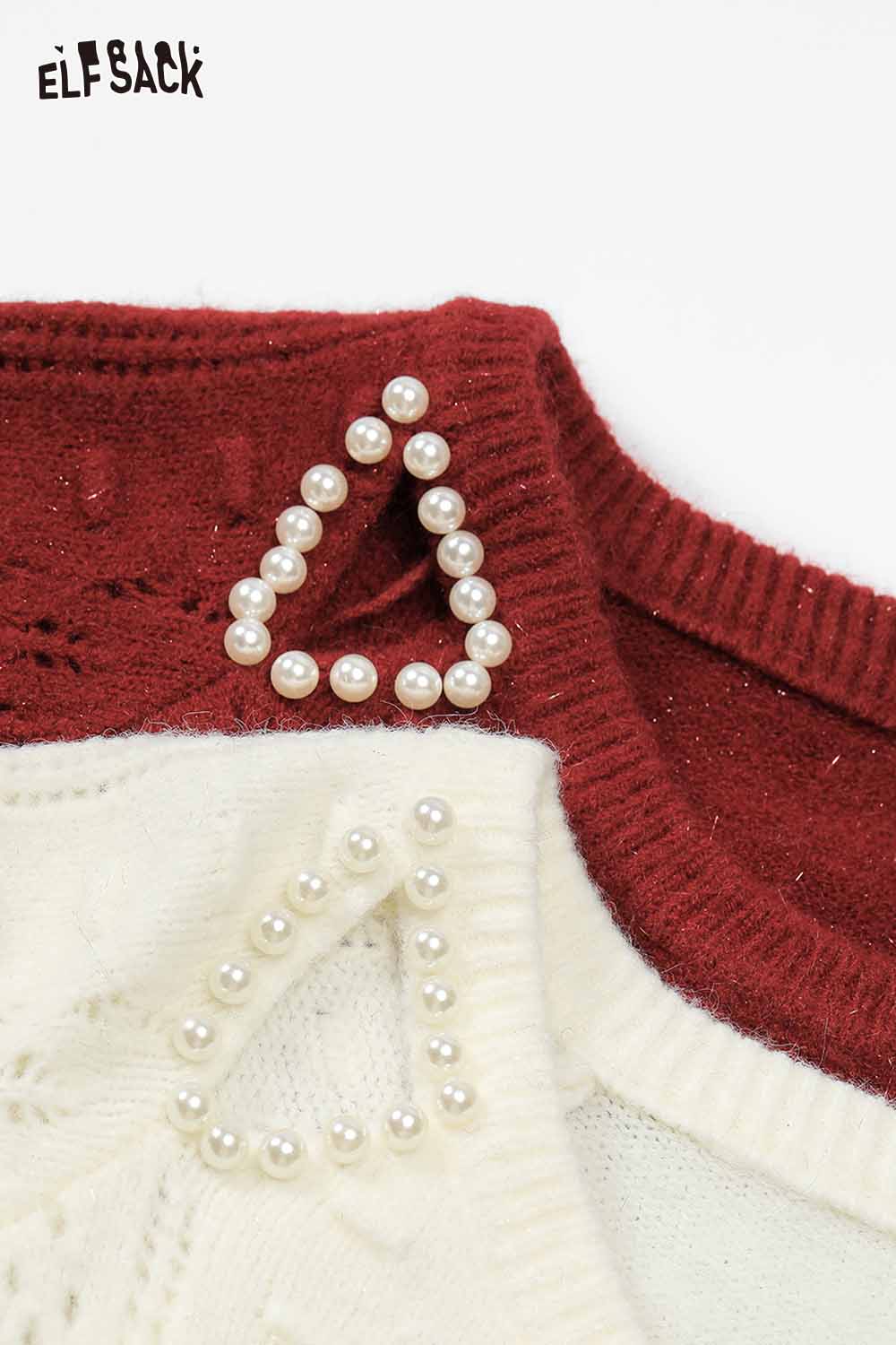 Close-up of ELFSACK pearl embellished cropped sweater featuring elegant pearl detailing on the collar