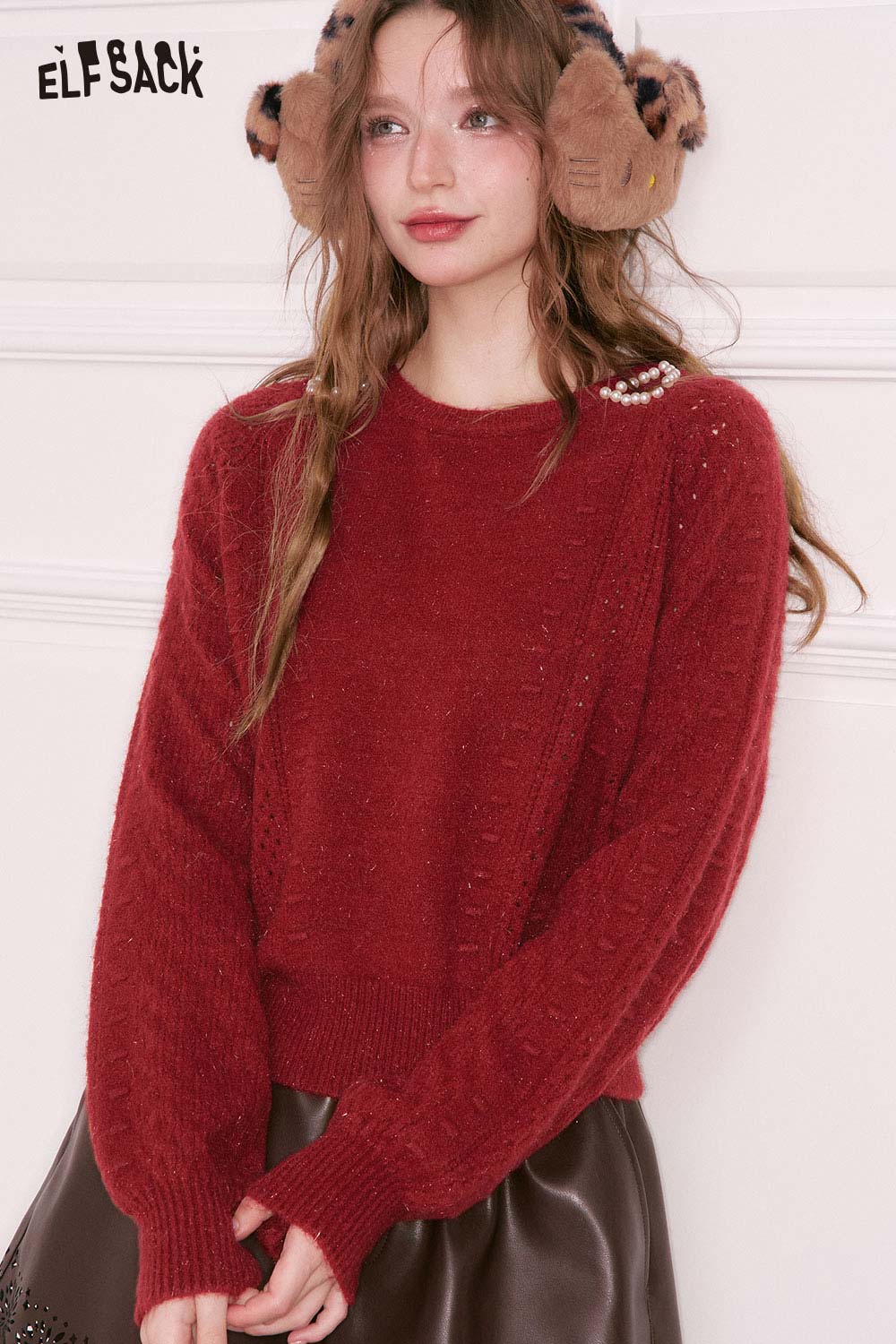 ELFSACK pearl embellished cropped sweater in red with stylish design and cozy fit for casual wear