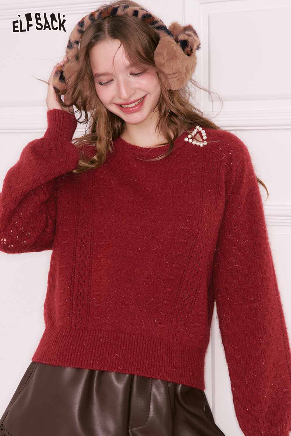 ELFSACK pearl embellished cropped sweater in red with stylish design and cozy fit
