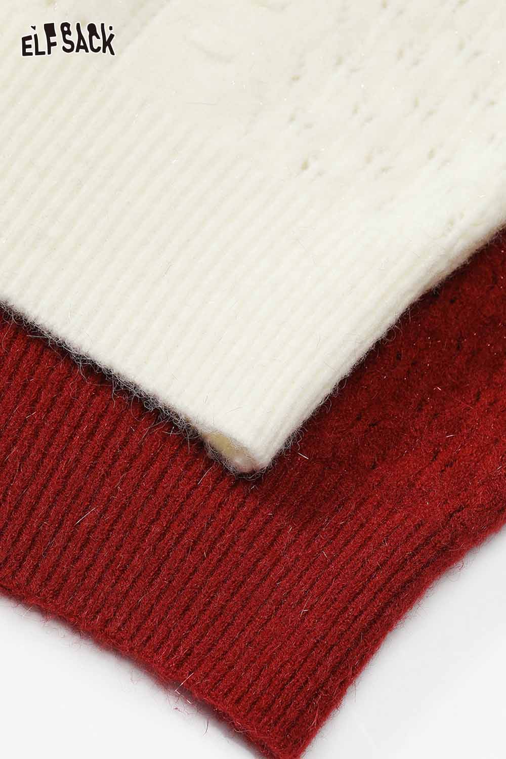 Close-up of ELFSACK pearl embellished cropped sweater in white and burgundy colors with textured knit details