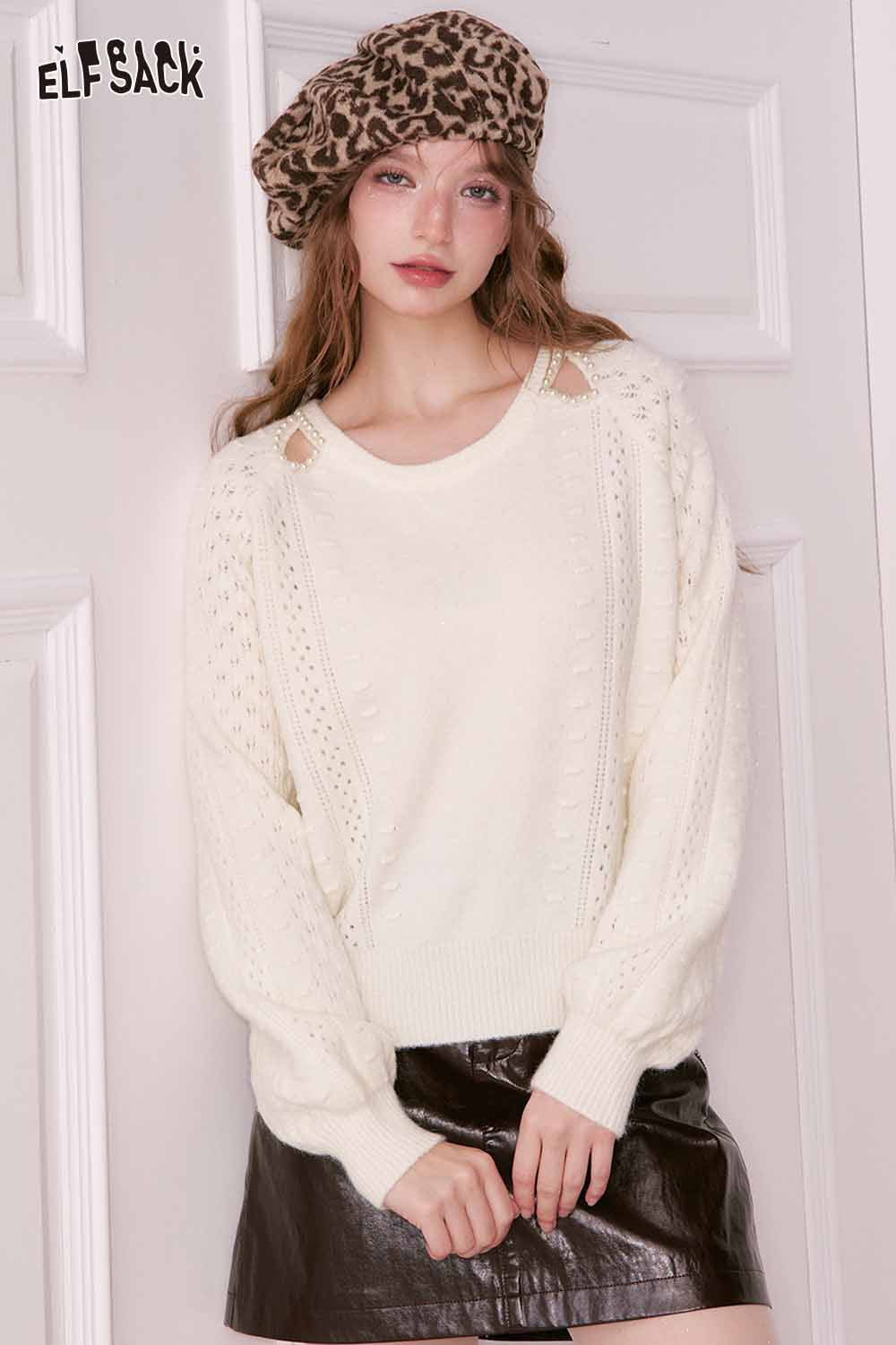 ELFSACK pearl embellished cropped sweater in cream with cable knit design and balloon sleeves