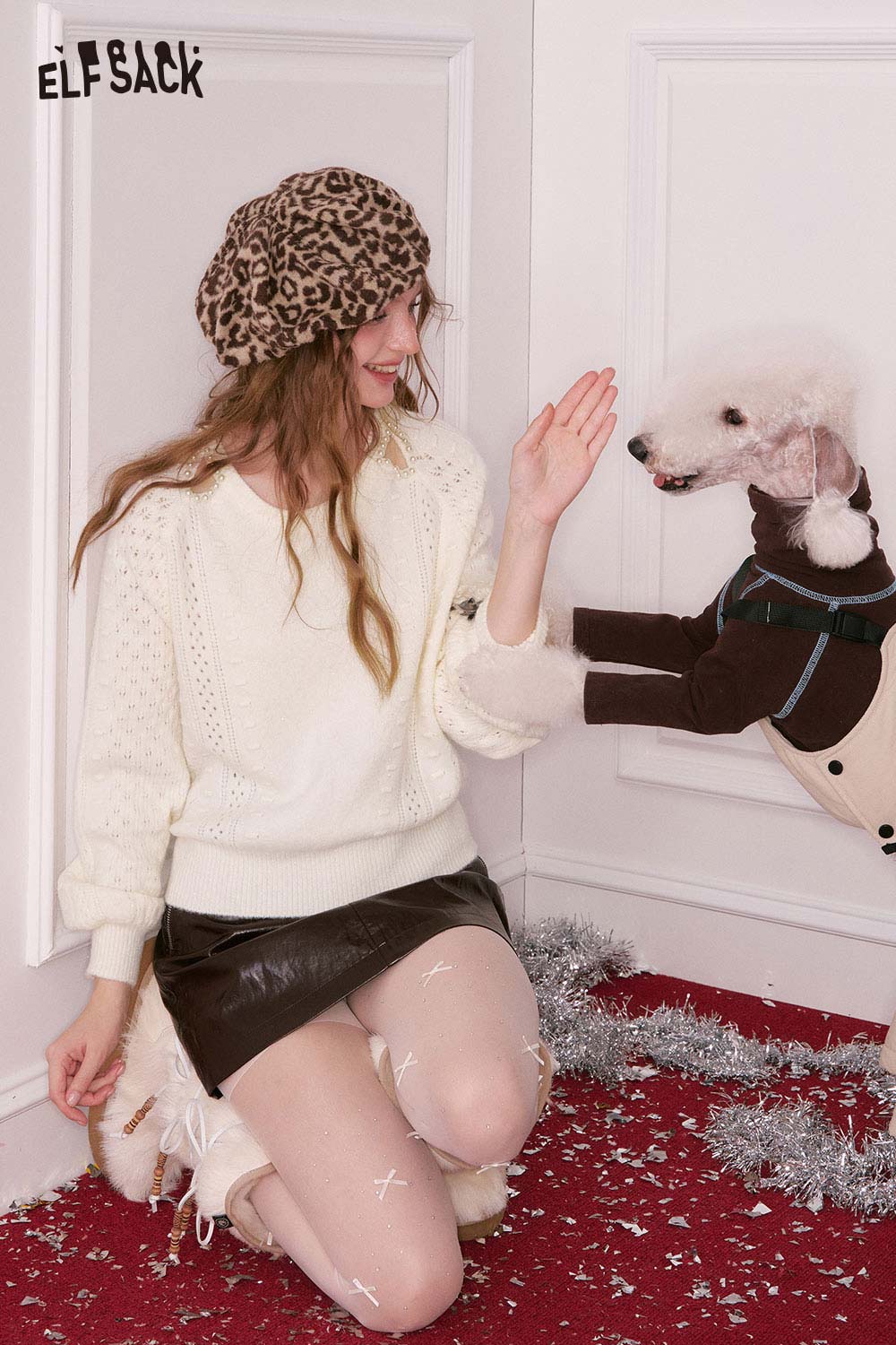 ELFSACK pearl embellished cropped sweater in cream with stylish design, perfect for chic outfits