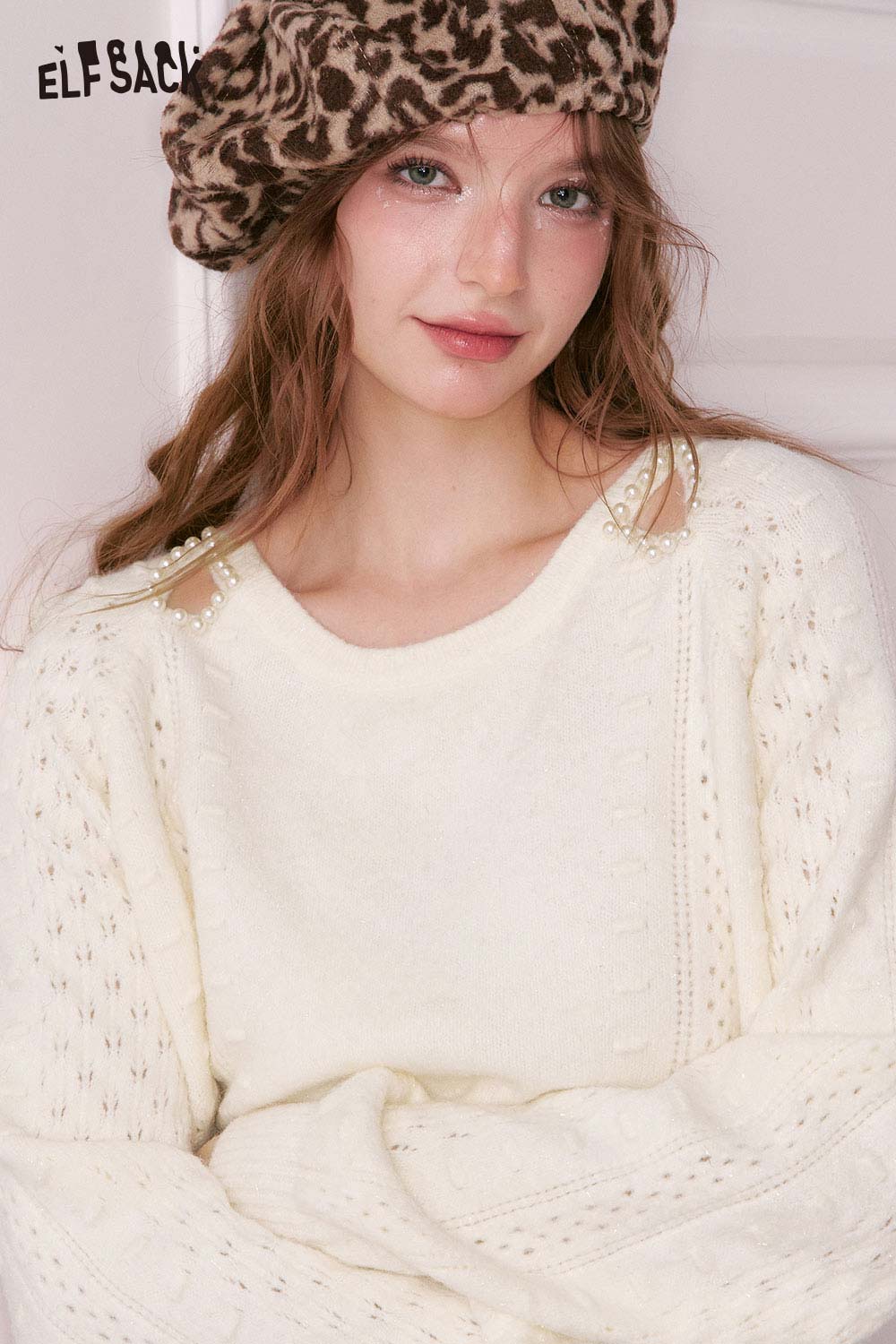ELFSACK pearl embellished cropped sweater in soft cream with delicate detailing and relaxed fit