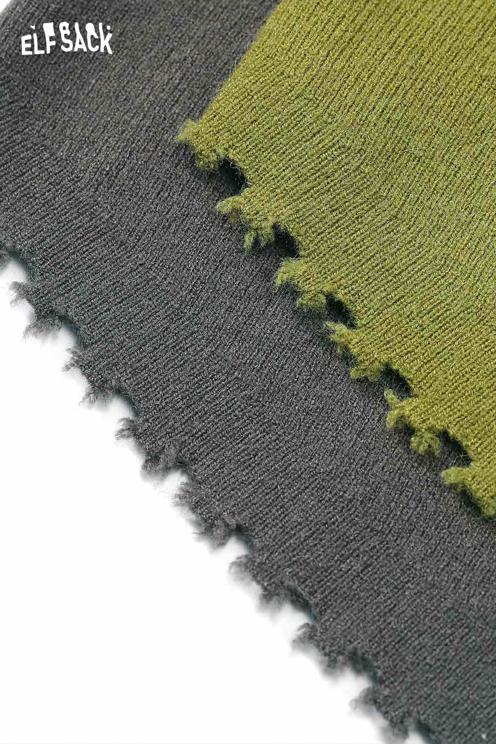 ELFSACK Peter Pan collar knit sweater in green and gray with stylish frayed edges