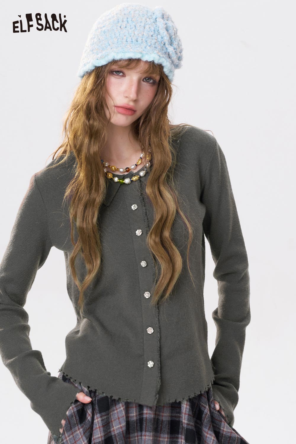 ELFSACK women's peter pan collar knit sweater in dark green with button details and a relaxed fit