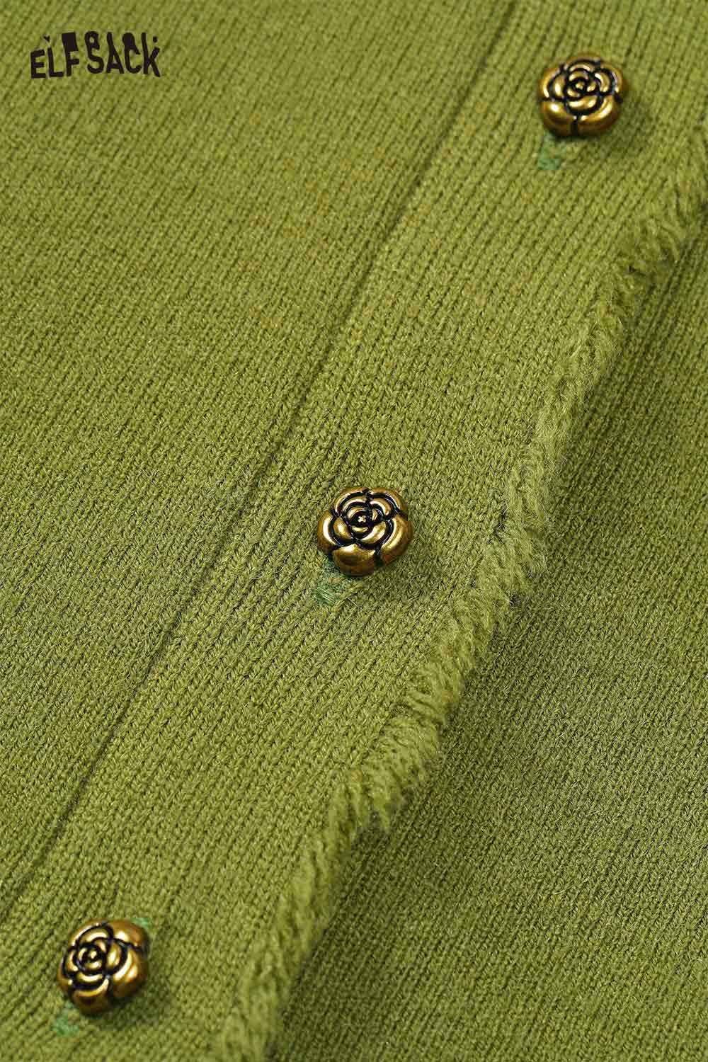 ELFSACK green knitwear featuring a stylish peter pan collar knit sweater with decorative rose buttons