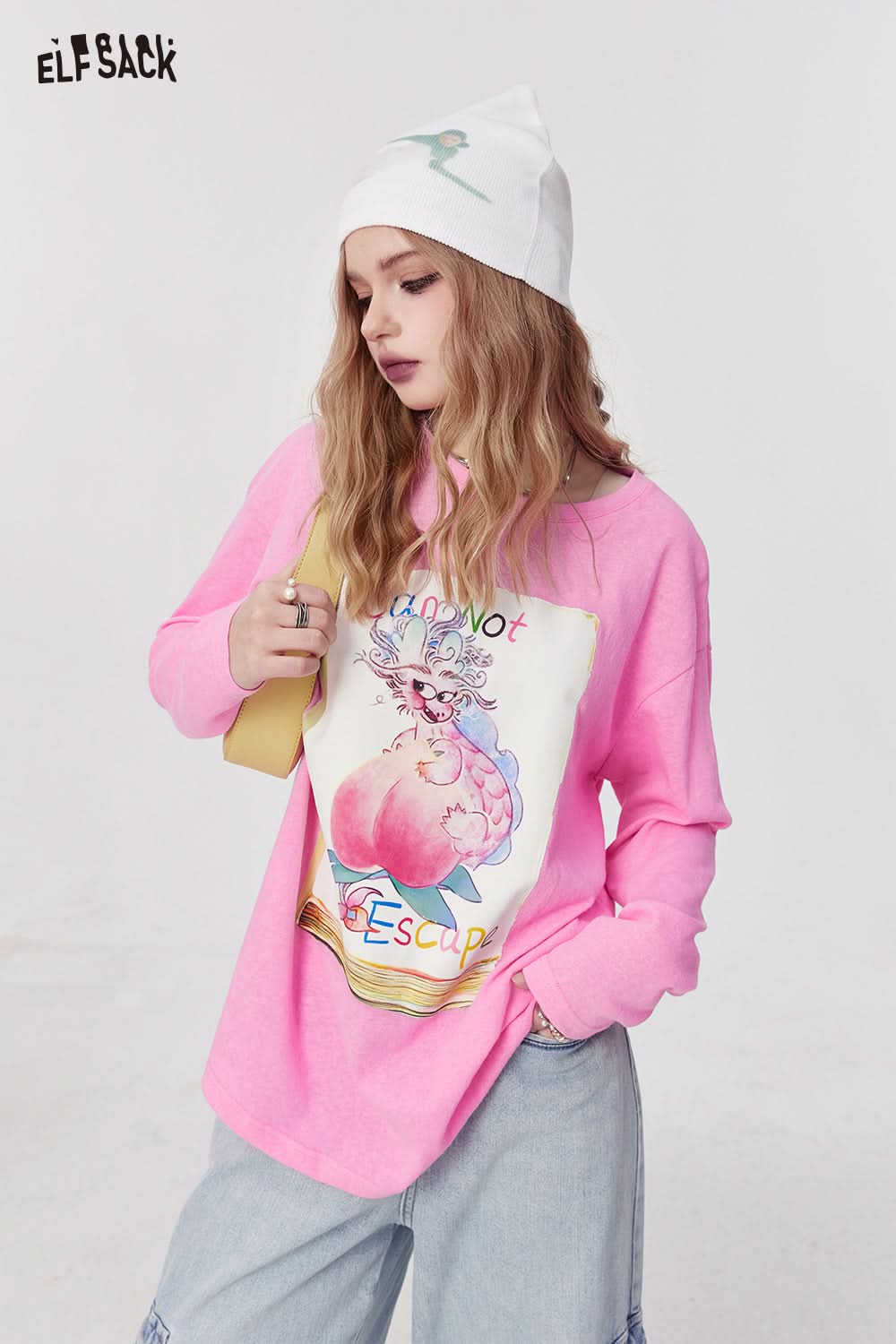 ELFSACK pink graphic print T-shirt with colorful cartoon design and casual loose fit