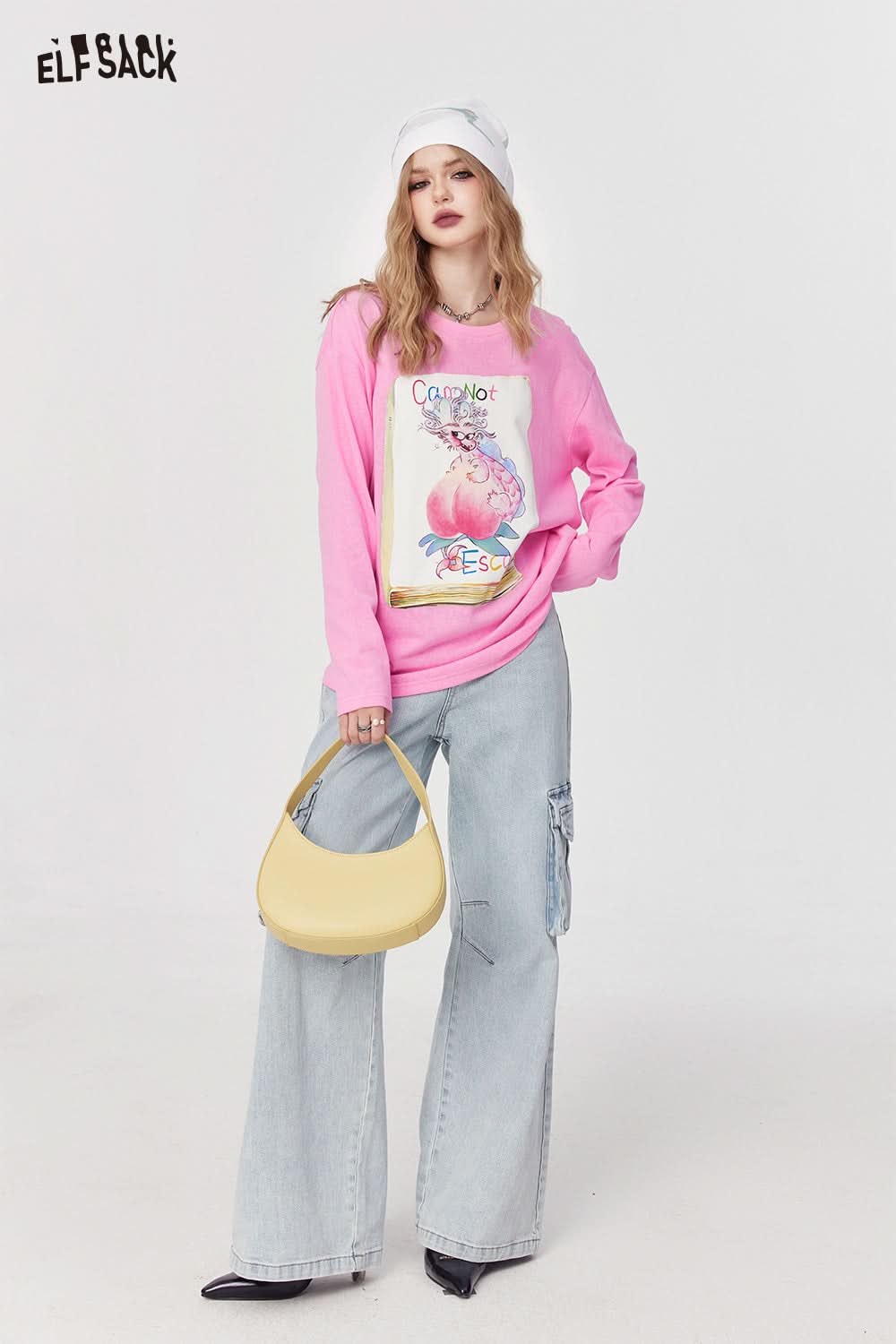 ELFSACK pink long sleeve T-shirt with Graphic Print worn with light blue wide-leg jeans and white beanie