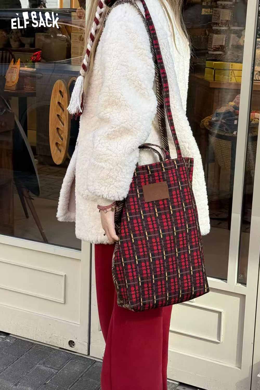 ELFSACK plaid cartoon crossbody bag featuring a stylish design and adjustable shoulder strap