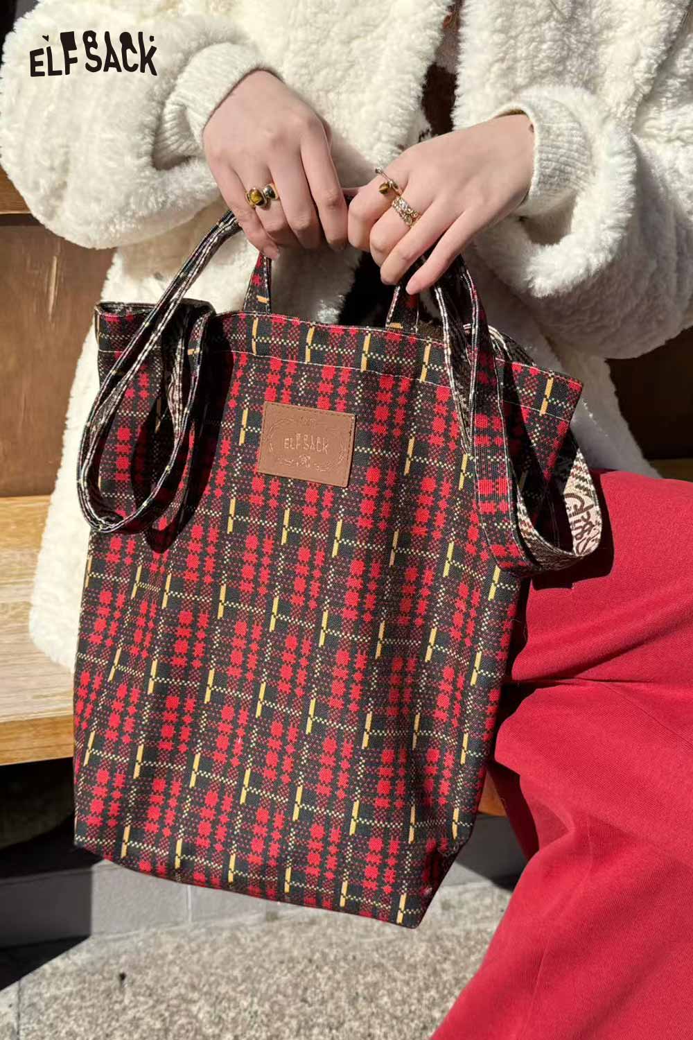 ELFSACK plaid cartoon crossbody bag with stylish handle for trendy everyday use