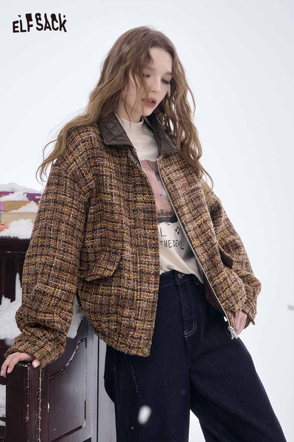 ELFSACK plaid faux leather lapel coat designed for stylish winter warmth and comfort