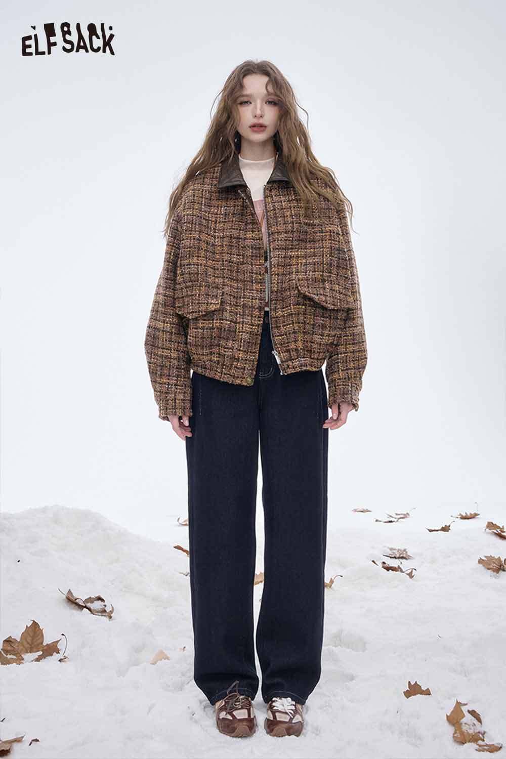 ELFSACK plaid faux leather lapel coat in brown and orange hues with a relaxed fit for stylish layering