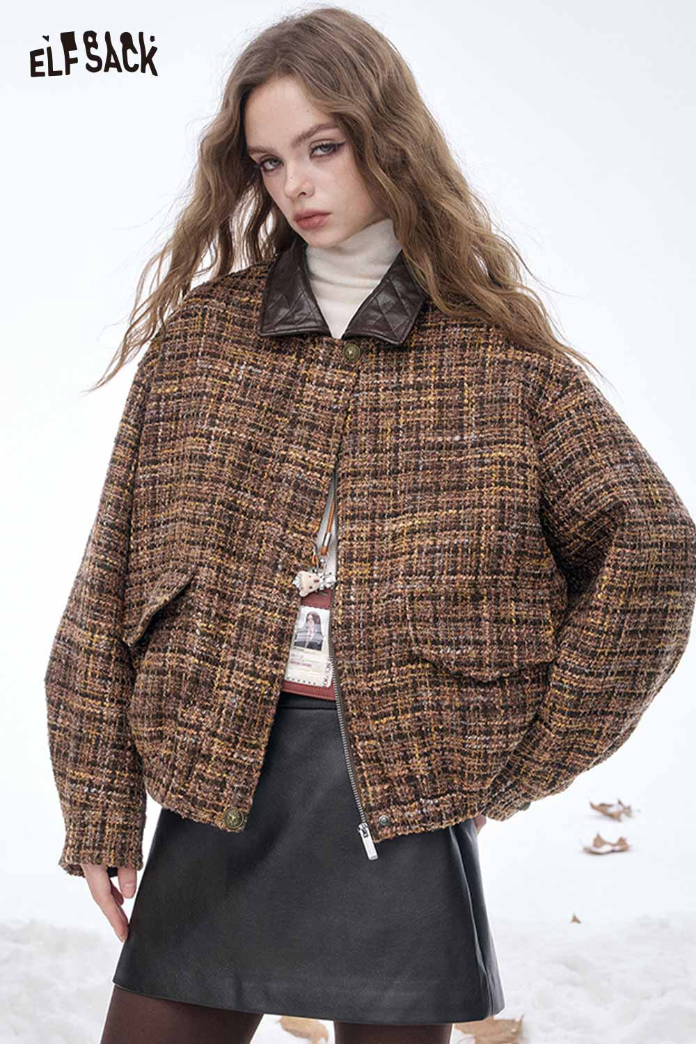 ELFSACK plaid faux leather lapel coat featuring a stylish oversized fit and textured fabric