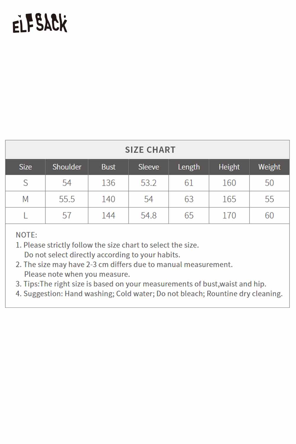 Size chart for ELFSACK plaid faux leather lapel coat with measurements for S, M, L sizes