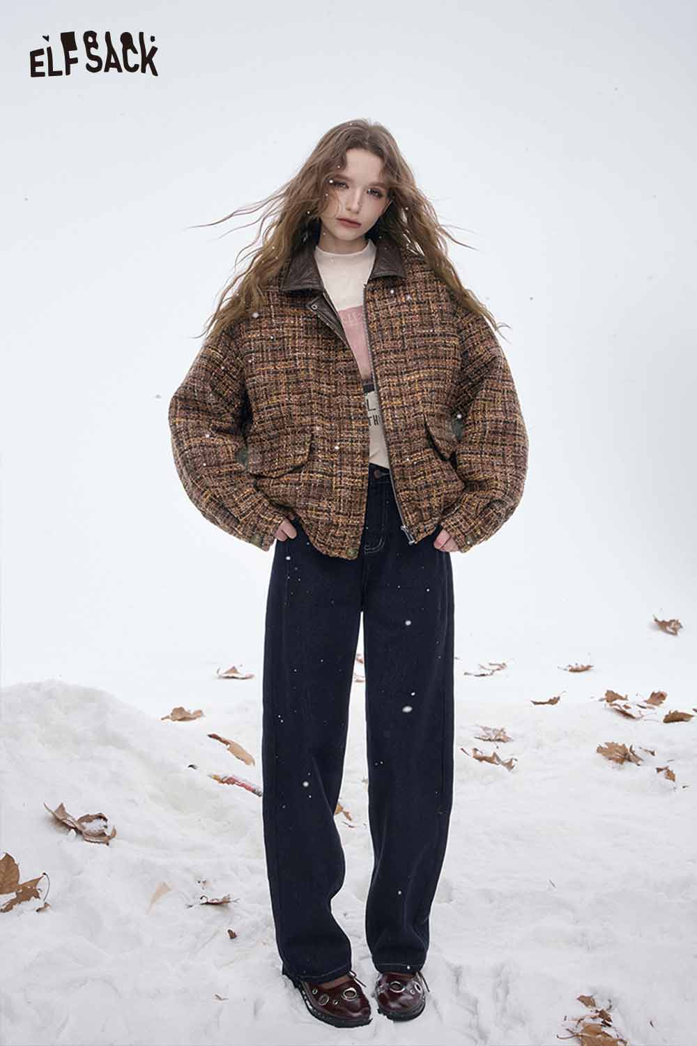 ELFSACK plaid faux leather lapel coat in brown with a stylish oversized fit, perfect for winter layering