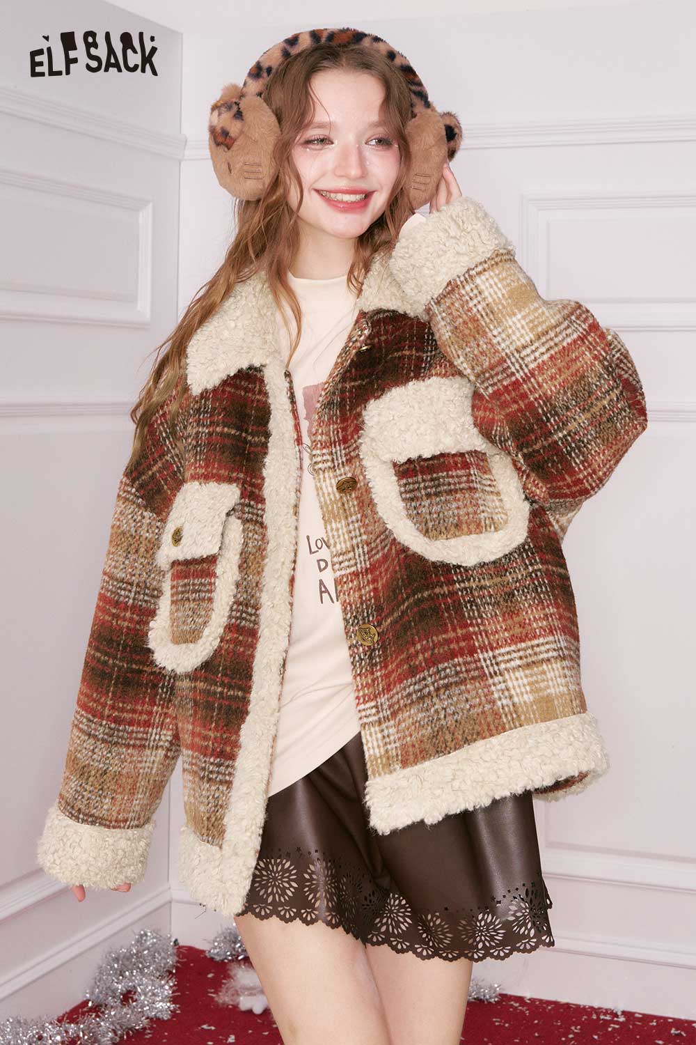 ELFSACK plaid faux wool jacket for women with cozy shearling details and oversized pockets