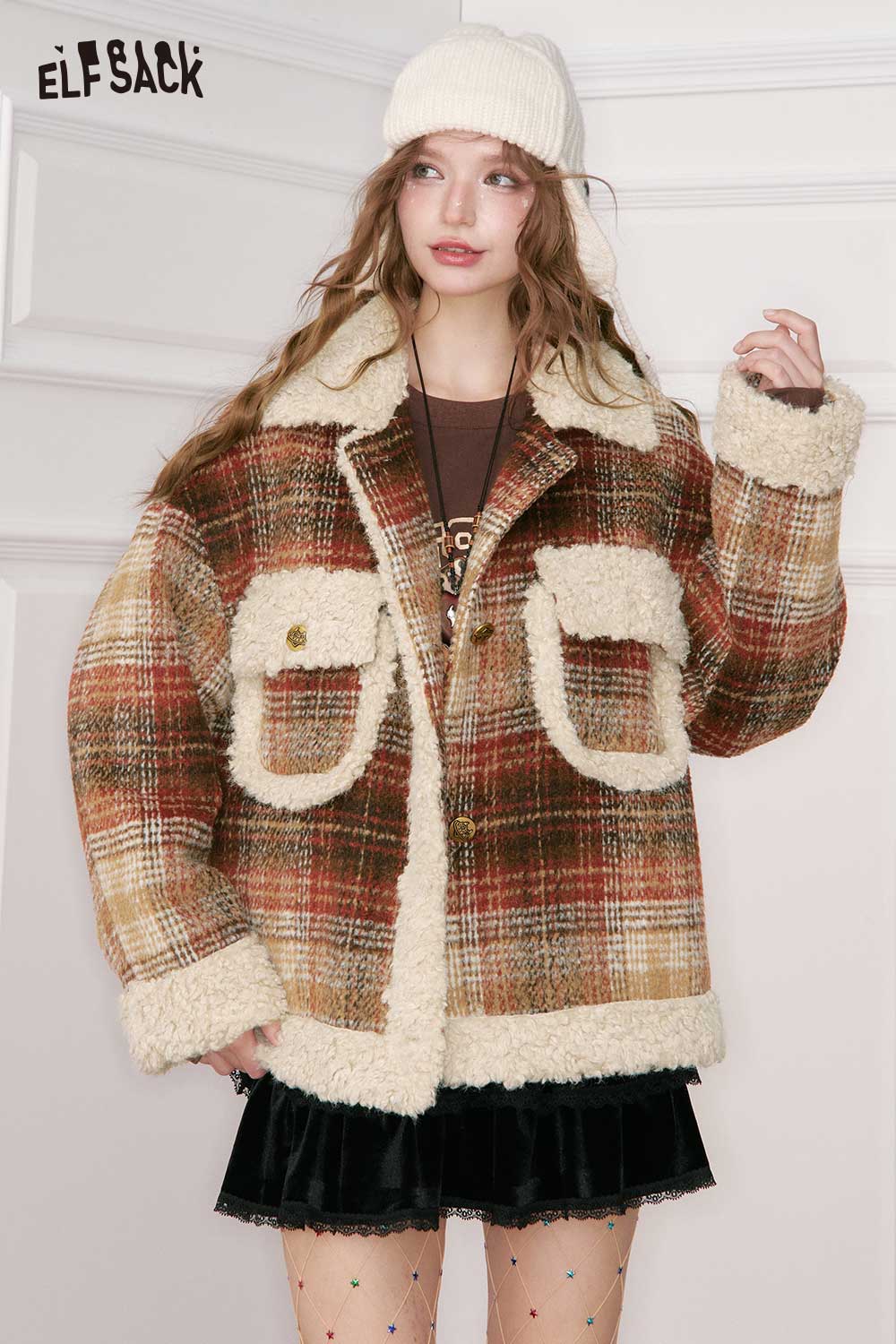 ELFSACK plaid faux wool jacket for women with cozy shearling pockets and stylish oversized fit