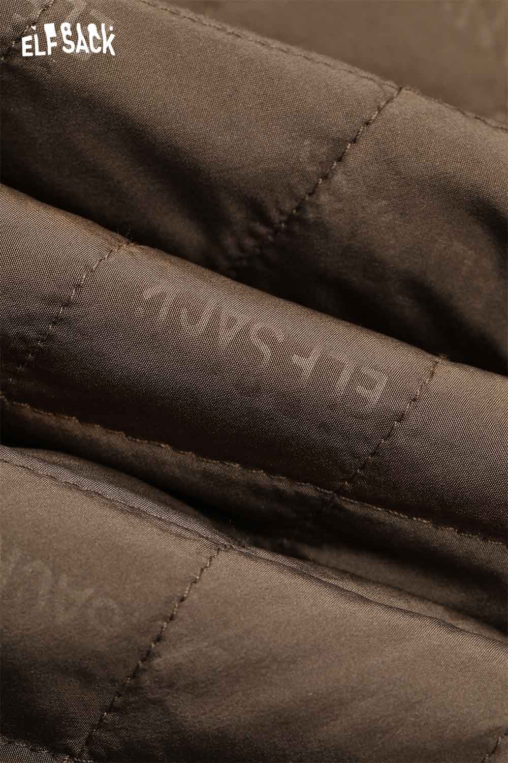 Close-up of ELFSACK plaid faux wool jacket for women showing quilted fabric and detailed stitching