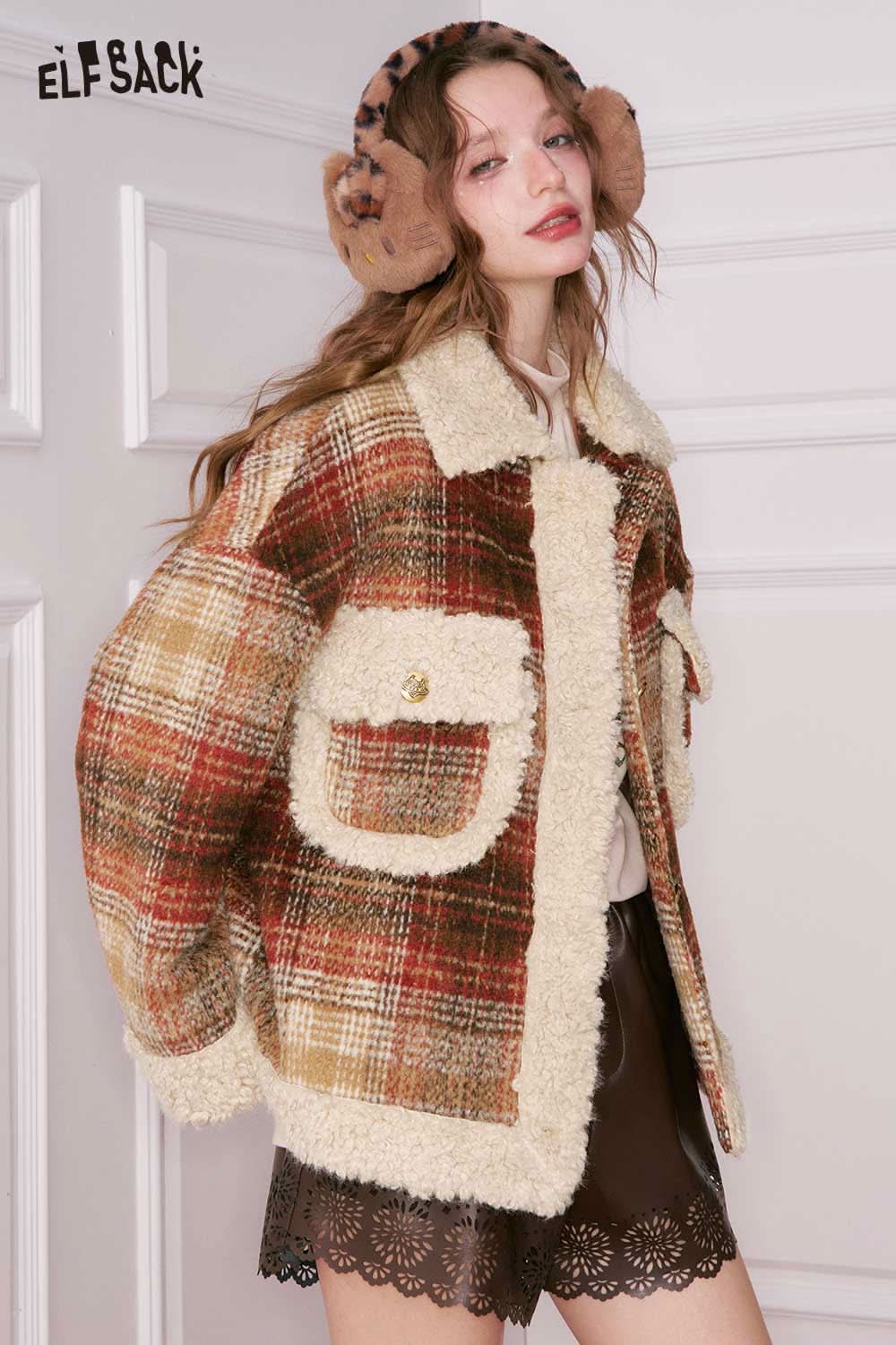 ELFSACK plaid faux wool jacket for women with oversized fit and cozy fleece lining