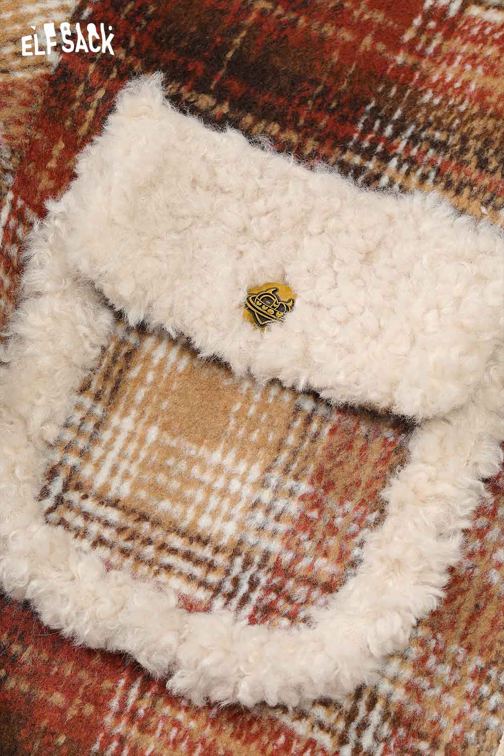 Close-up of ELFSACK plaid faux wool jacket for women featuring a cozy fur collar and unique button detail