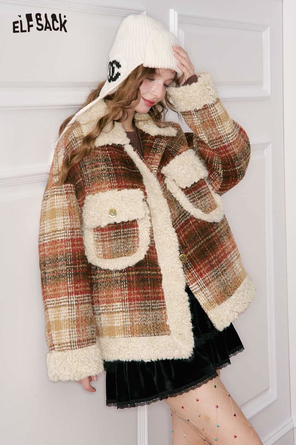 ELFSACK plaid faux wool jacket for women with cozy shearling details and oversized pockets