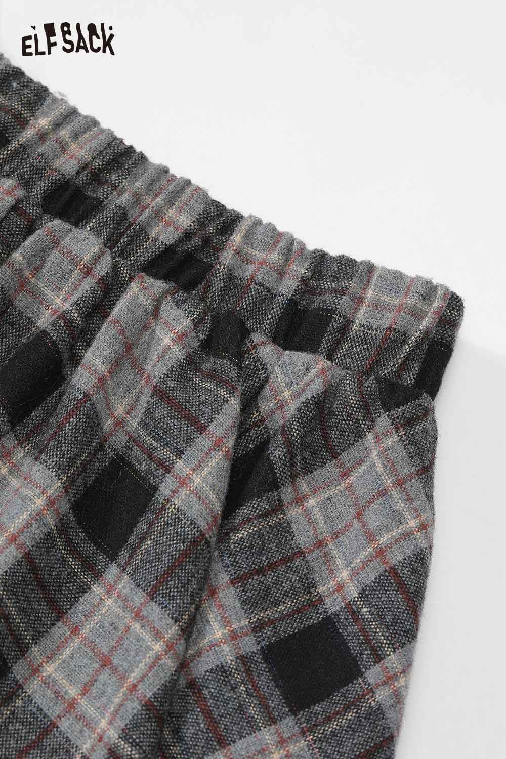 Close-up of the ELFSACK plaid long dress for women with a comfortable elastic waistband