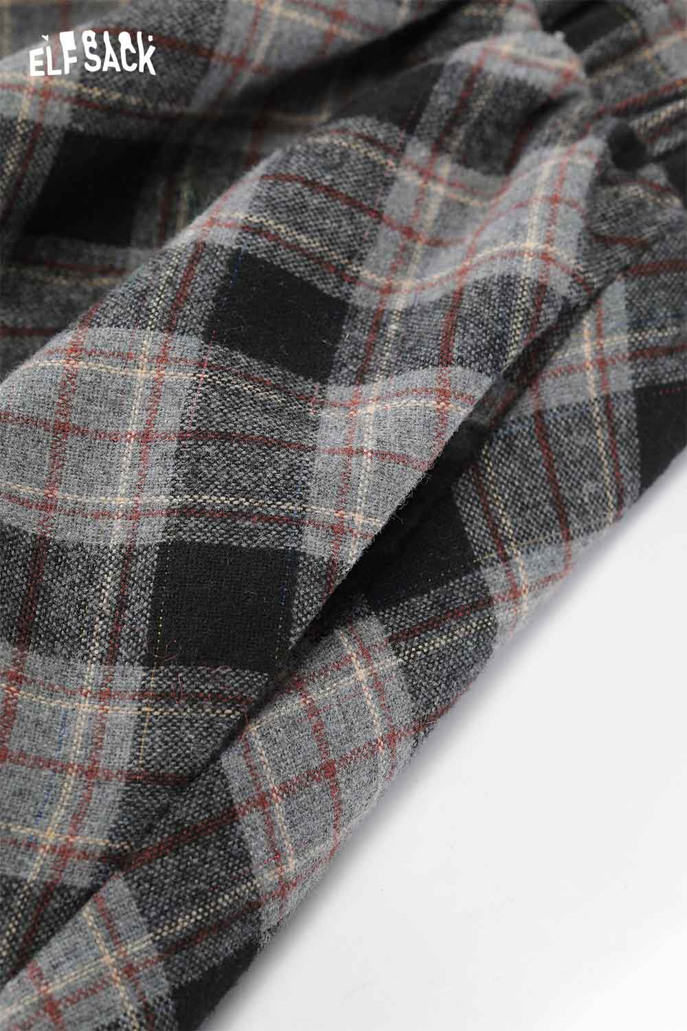 Close-up of ELFSACK plaid long dress for women featuring a classic checkered pattern in gray and black