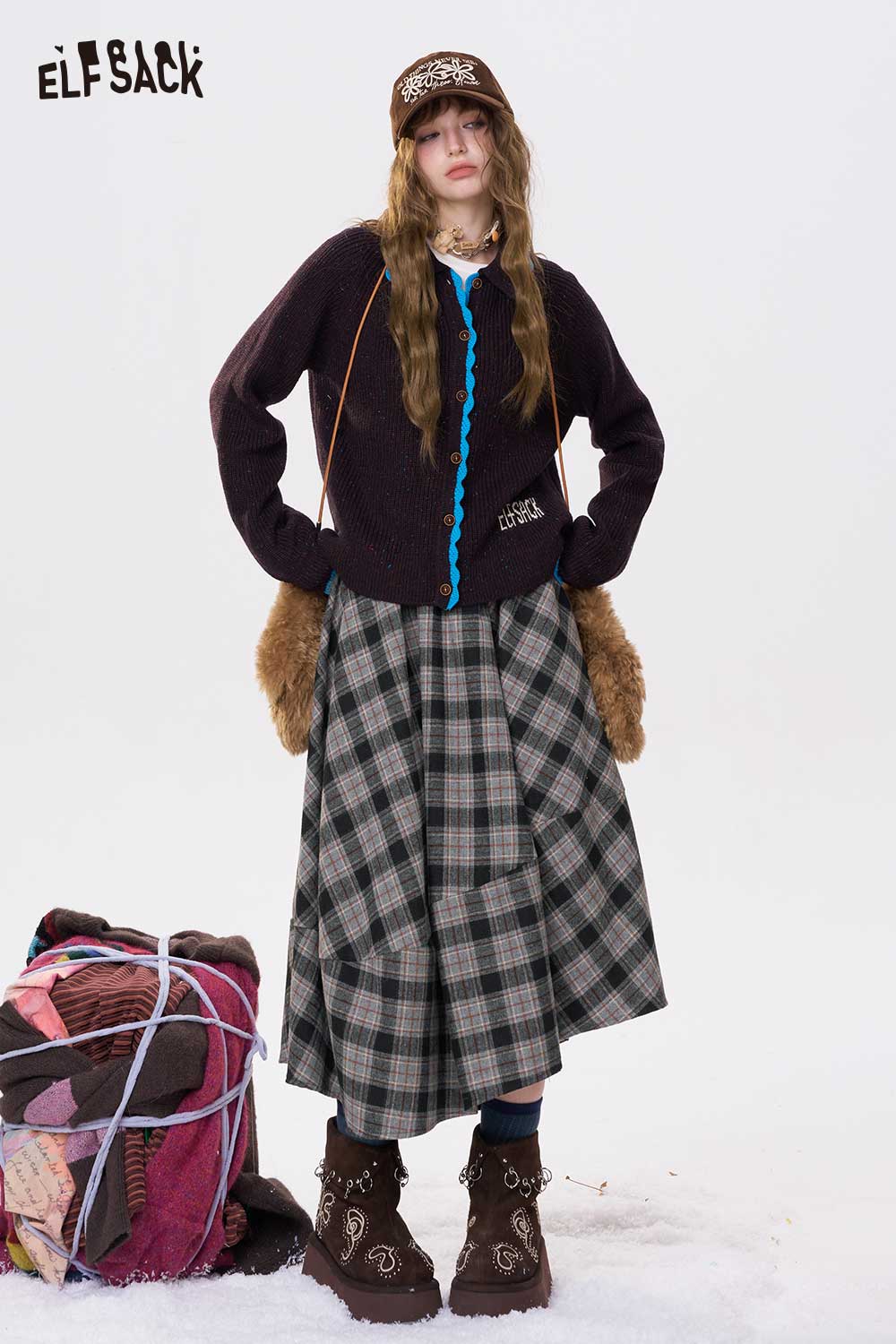 ELFSACK plaid long dress for women featuring a stylish tiered design and versatile styling options