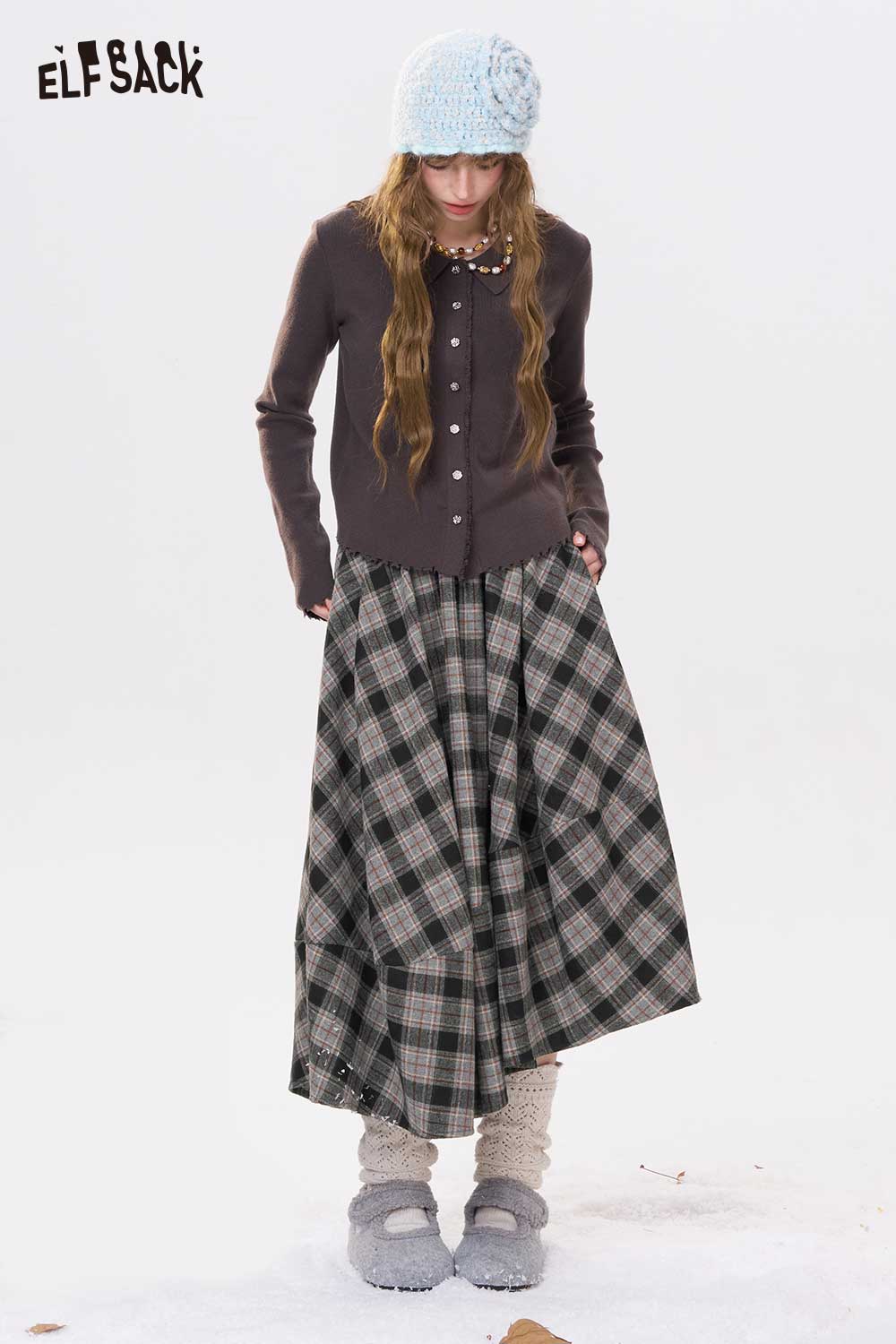 ELFSACK plaid long dress for women featuring a flowy design and comfortable fit, perfect for any occasion
