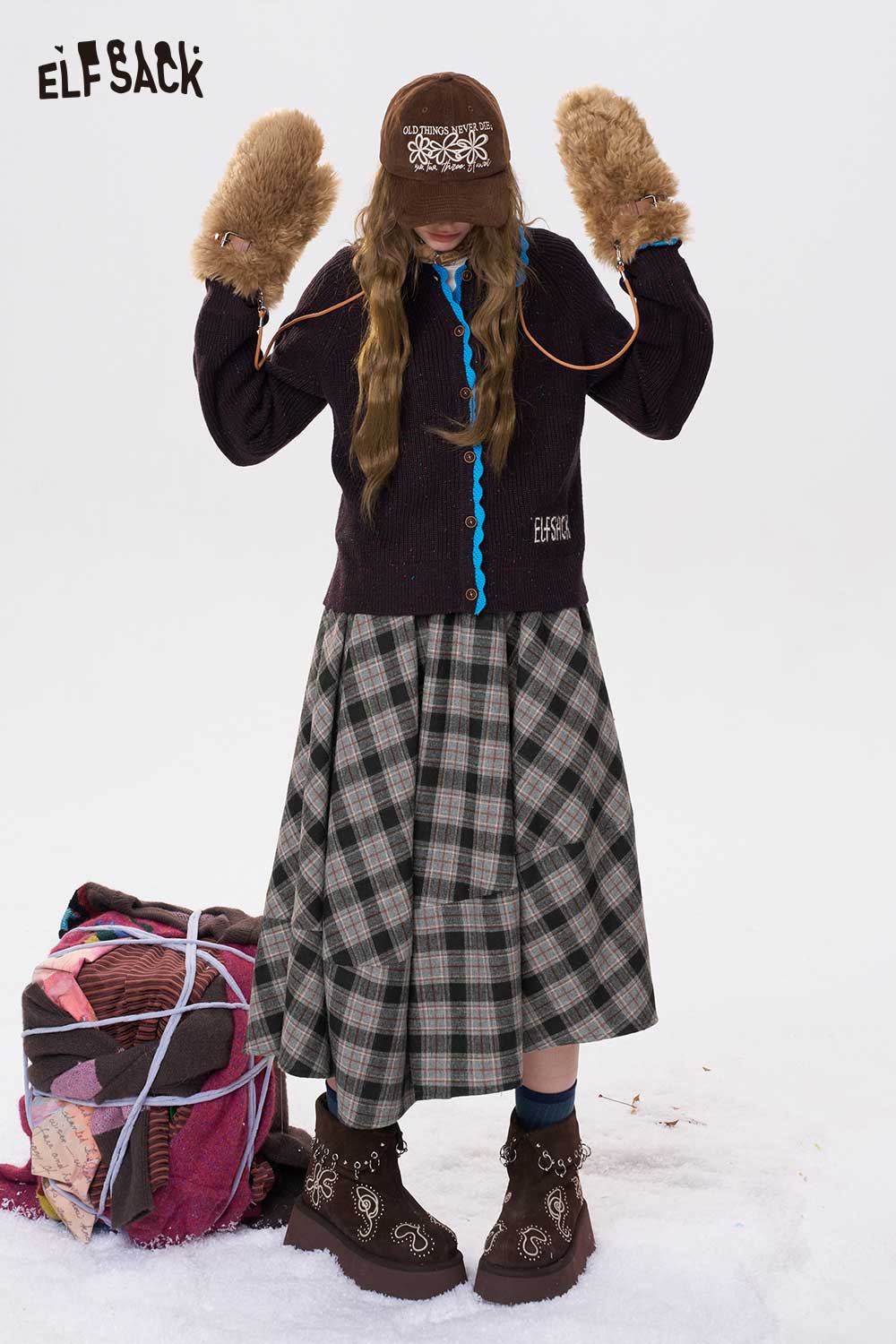 ELFSACK plaid long dress for women paired with a cozy sweater and fuzzy mittens