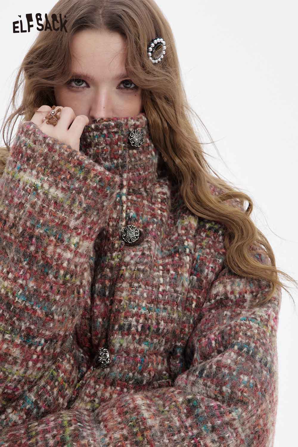 ELFSACK plaid puffer jacket for women in a cozy, multicolored design with high collar and button details