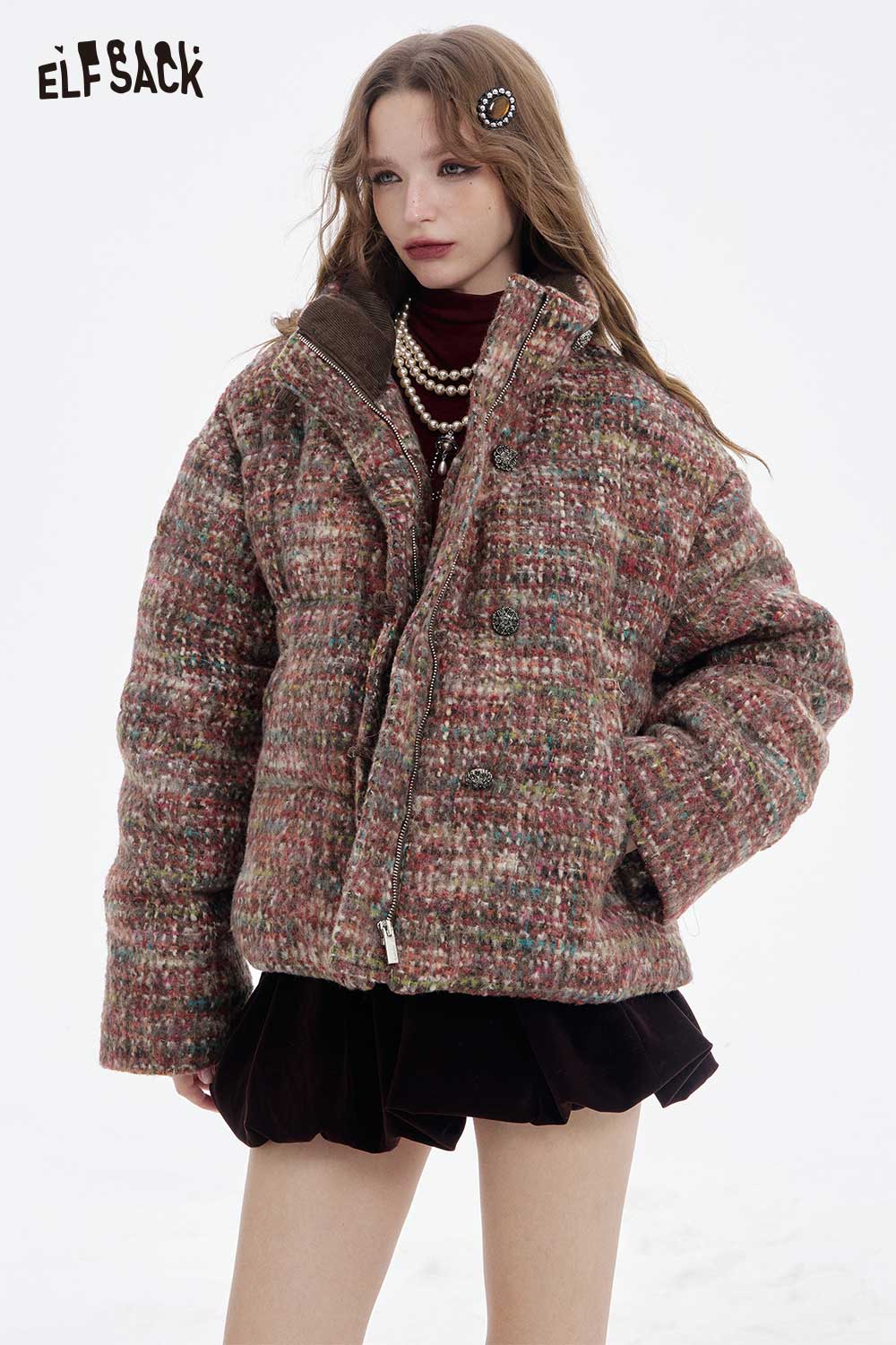 ELFSACK plaid puffer jacket for women featuring a cozy oversized fit and textured fabric