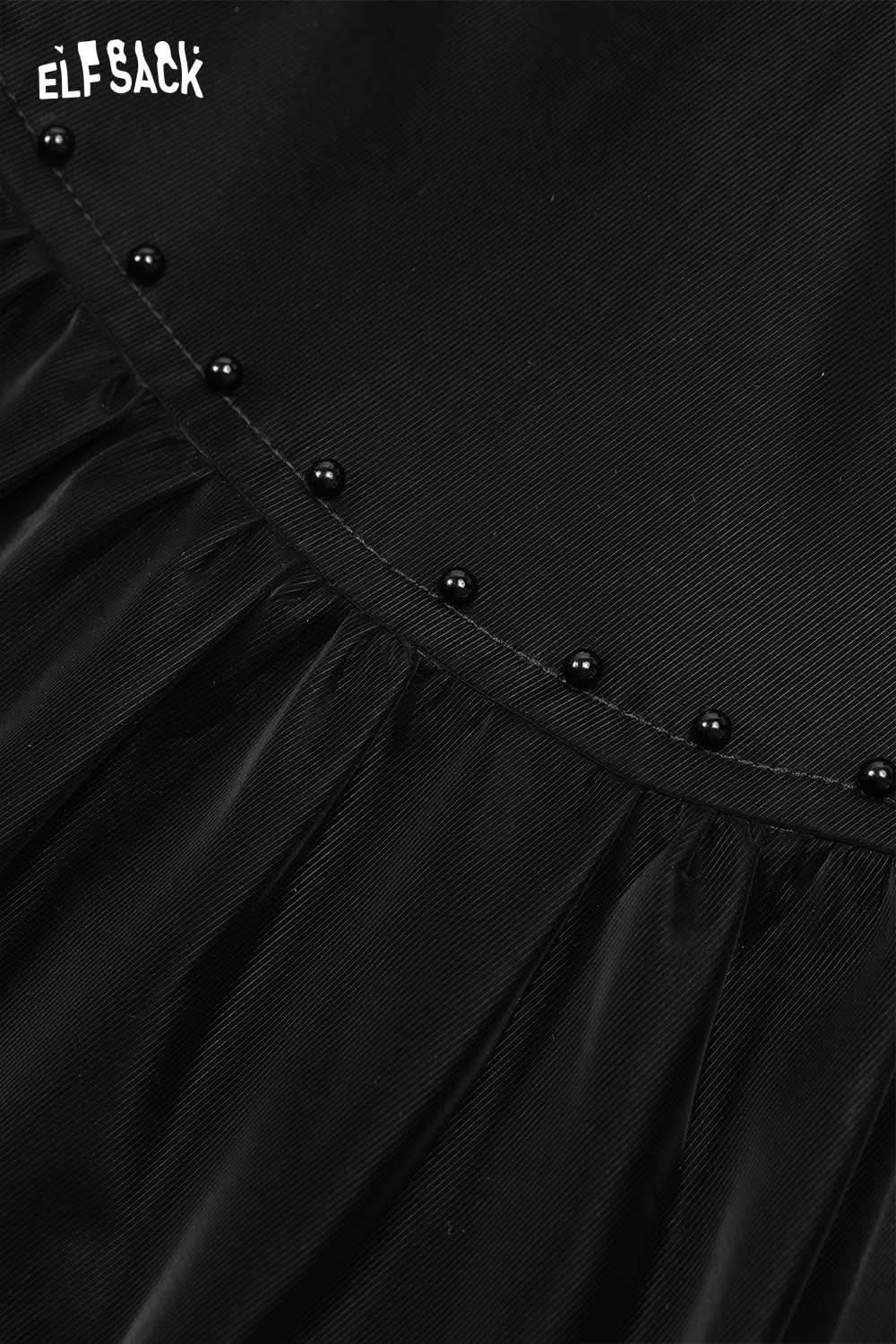 ELFSACK pleated PU leather maxi skirt featuring decorative black beads for a stylish look