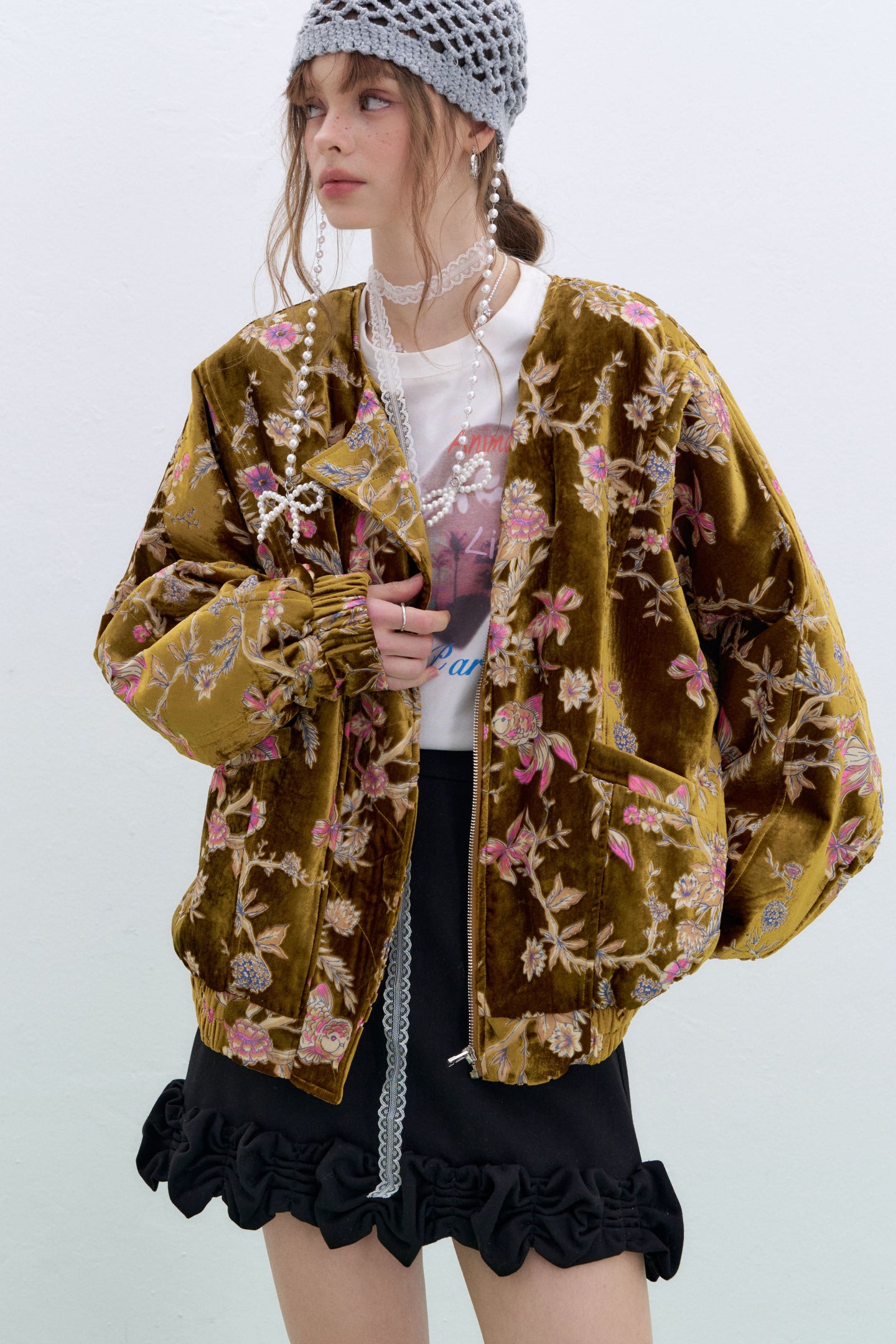 ELFSACK plus size floral velvet bomber jacket featuring vibrant embroidery and a stylish design