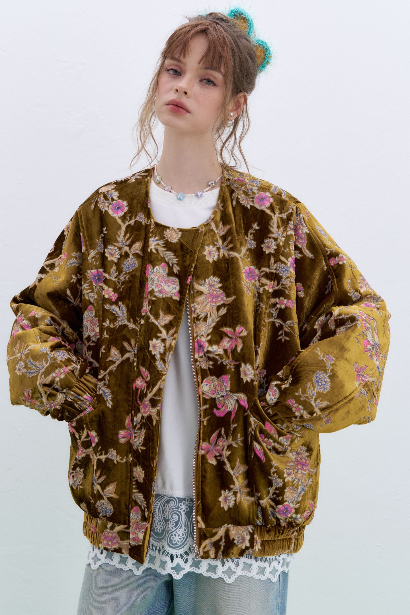 ELFSACK plus size floral velvet bomber jacket with intricate embroidery for stylish warmth