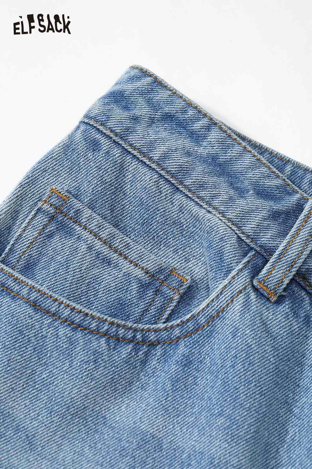 ELFSACK plush cuff straight jeans for women in light blue denim with back pocket detail