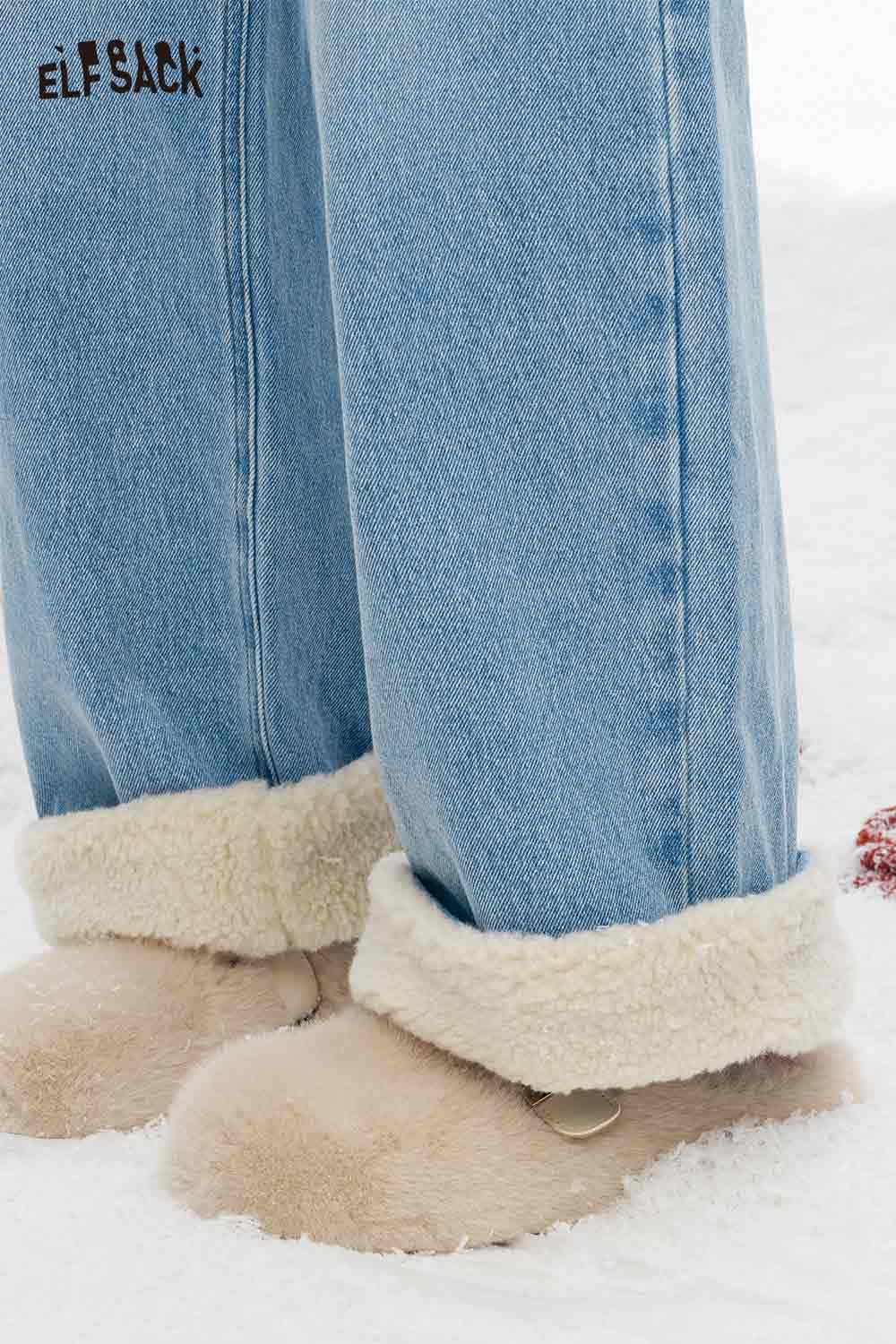 ELFSACK plush cuff straight jeans for women with soft fur cuffs for added comfort and style