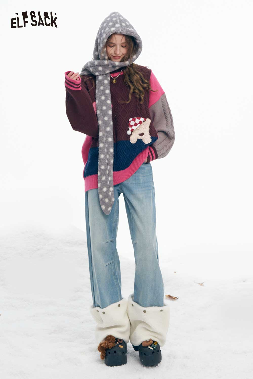 ELFSACK plush hem patchwork jeans featuring a relaxed fit and unique design for stylish casual wear