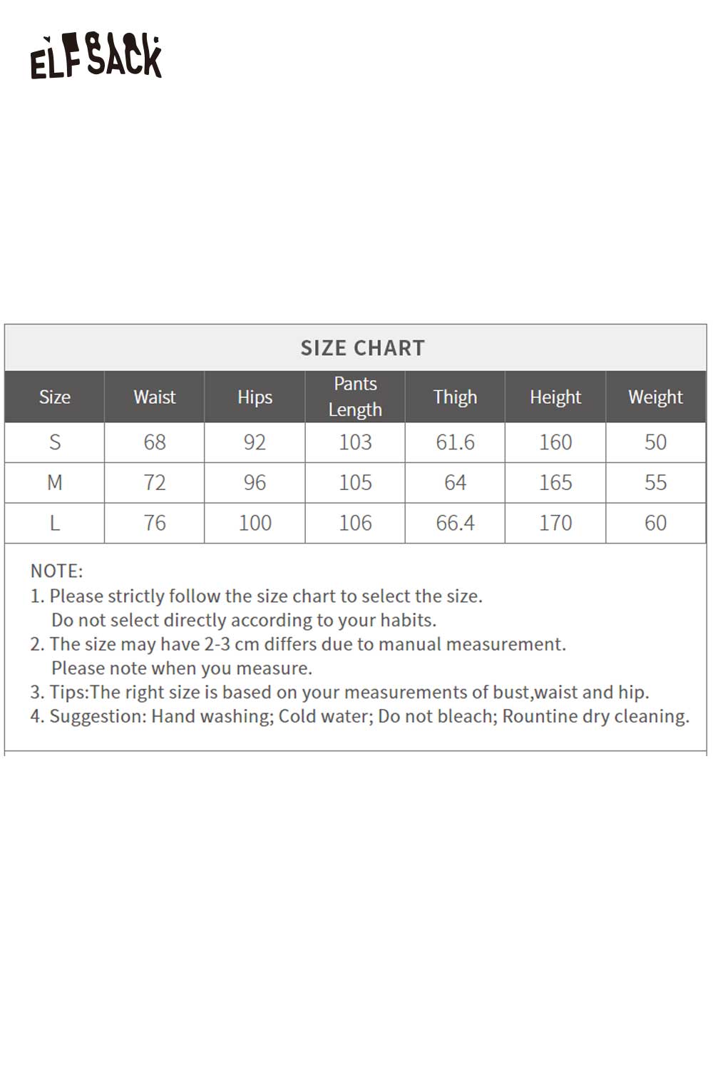 Size chart for ELFSACK plush hem patchwork jeans with measurements for waist, hips, and length