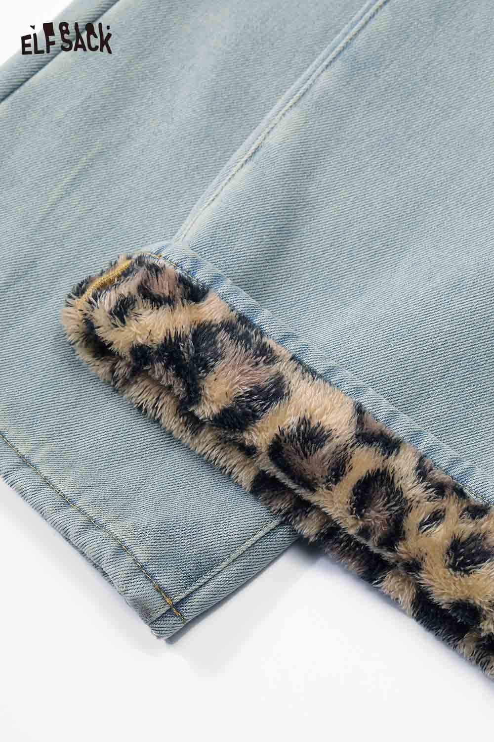 ELFSACK plush leopard lining floor length pants featuring a stylish denim design with leopard trim