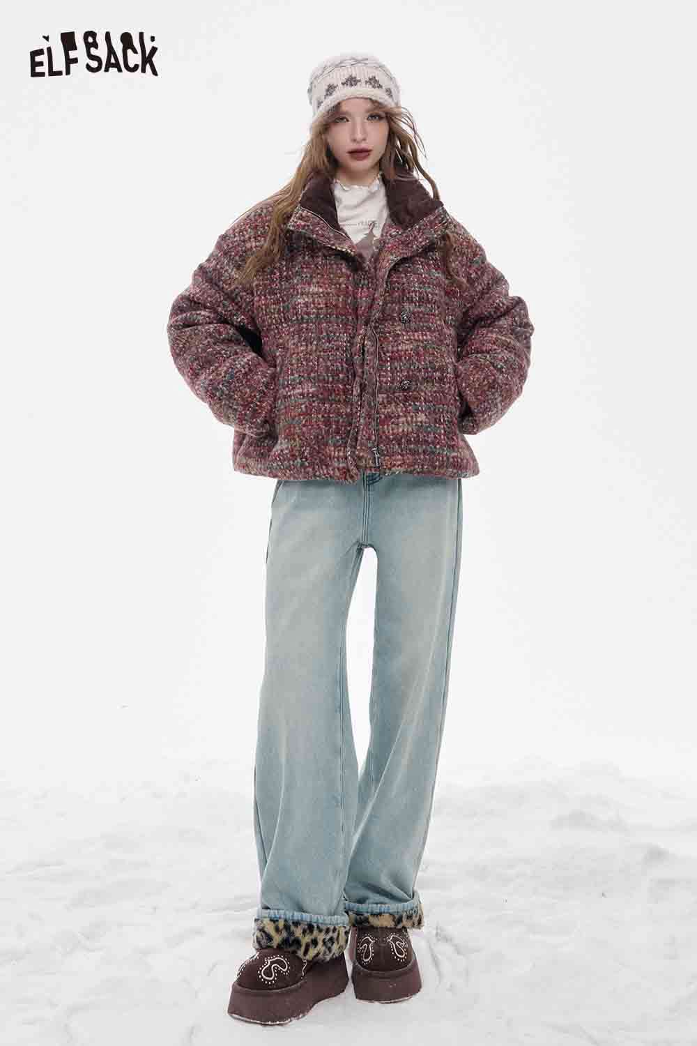 ELFSACK plush leopard lining floor length pants paired with a cozy sweater and stylish winter boots